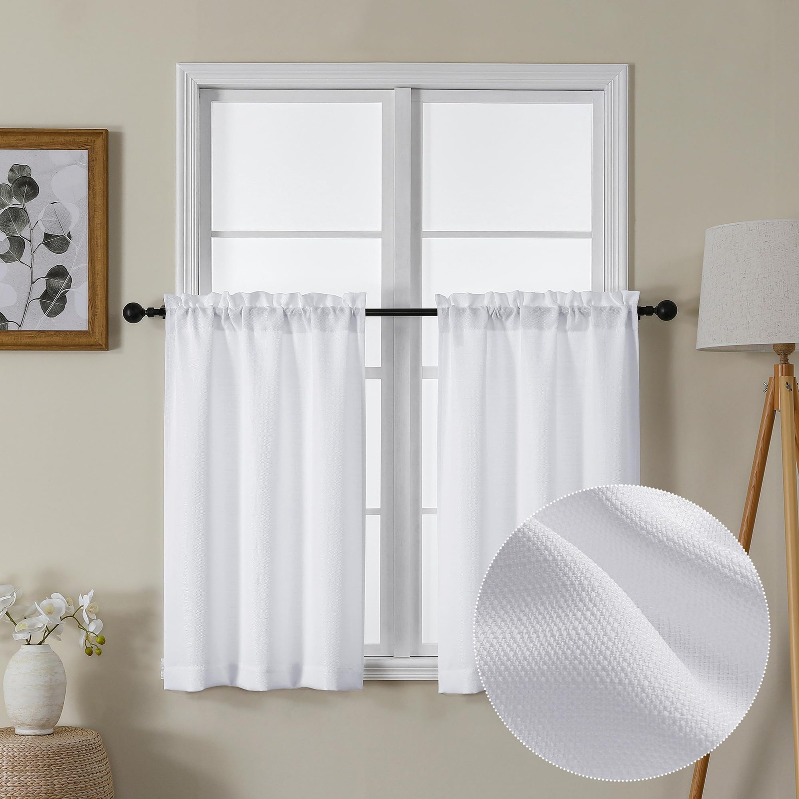 Lecloud Bessie White Kitchen Curtains 36 Inch Length 2 Panels Set, Faux Linen…