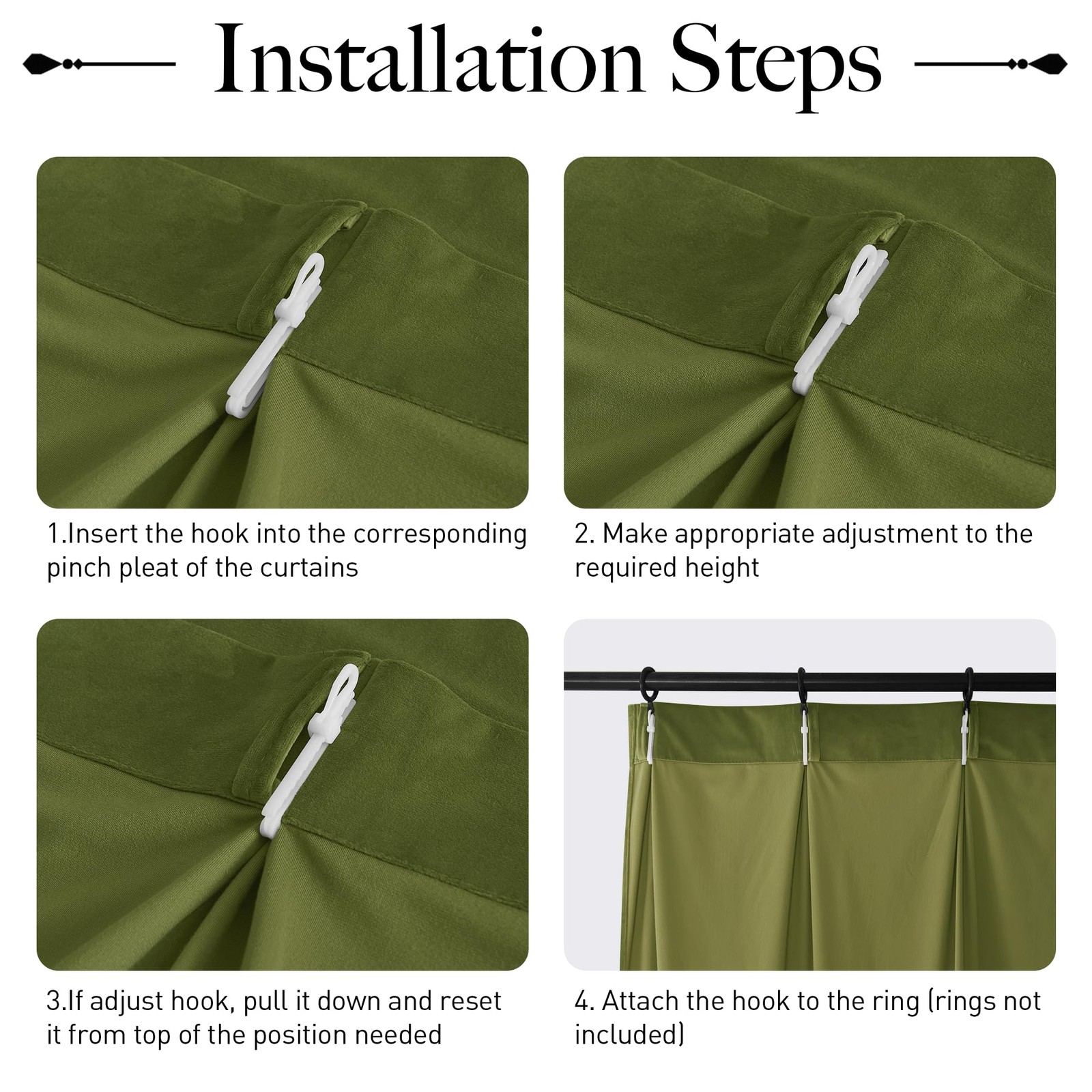 StangH Olive Green Velvet Pinch Pleated Curtains 96 inches Long, Block Light …