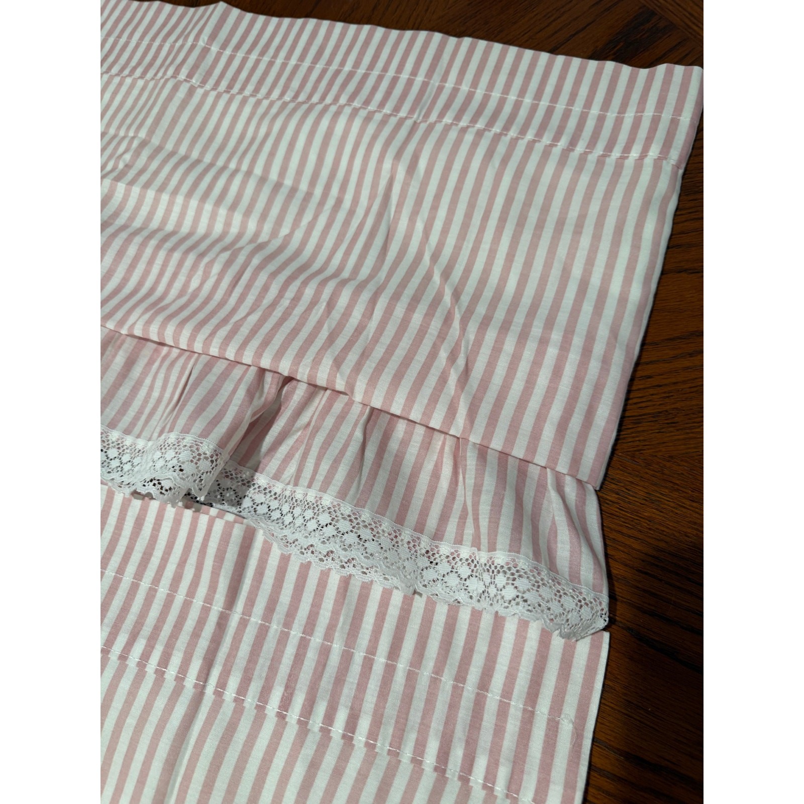 Vintage Set 2 Pink Striped Valance Curtains 64×16 Lace Ruffle Edge Girls Nursery