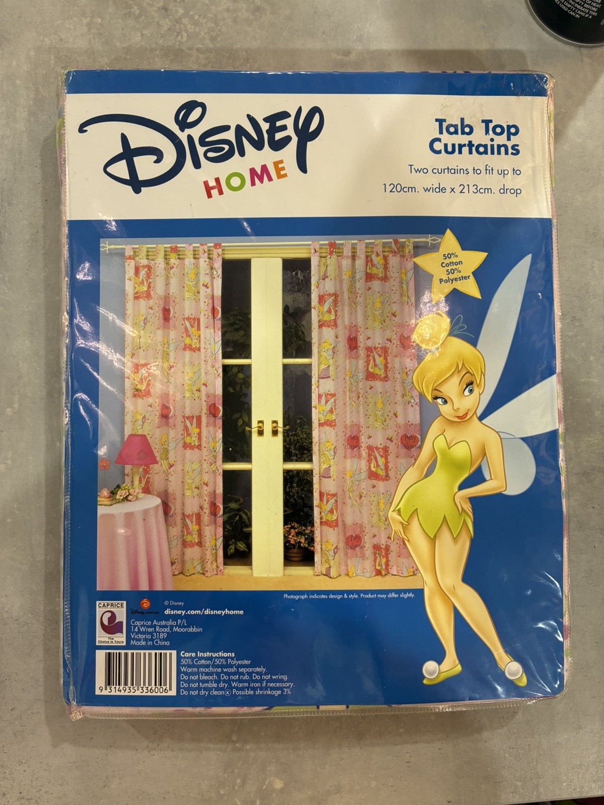 DISNEY Home Tinkerbell Curtains Tab Top Pair 120cm X 213cm Cotton Fairies Pink