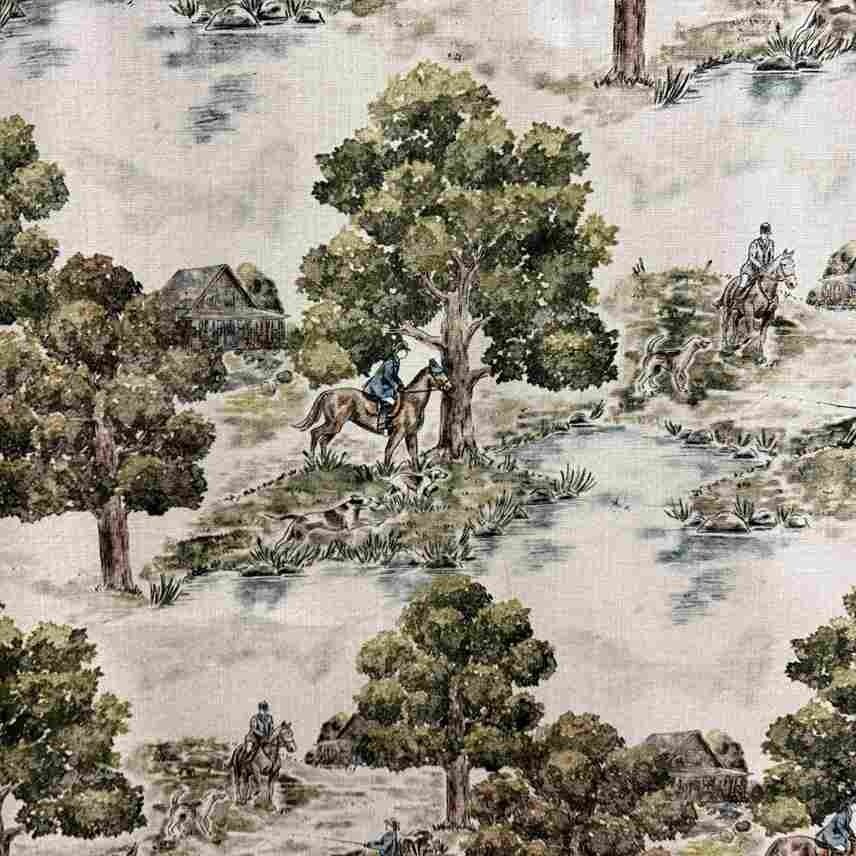 2 Drapes YORKTOWN Pastoral Toile Horse Rider, Fishing Scene & Cabin Very Nice