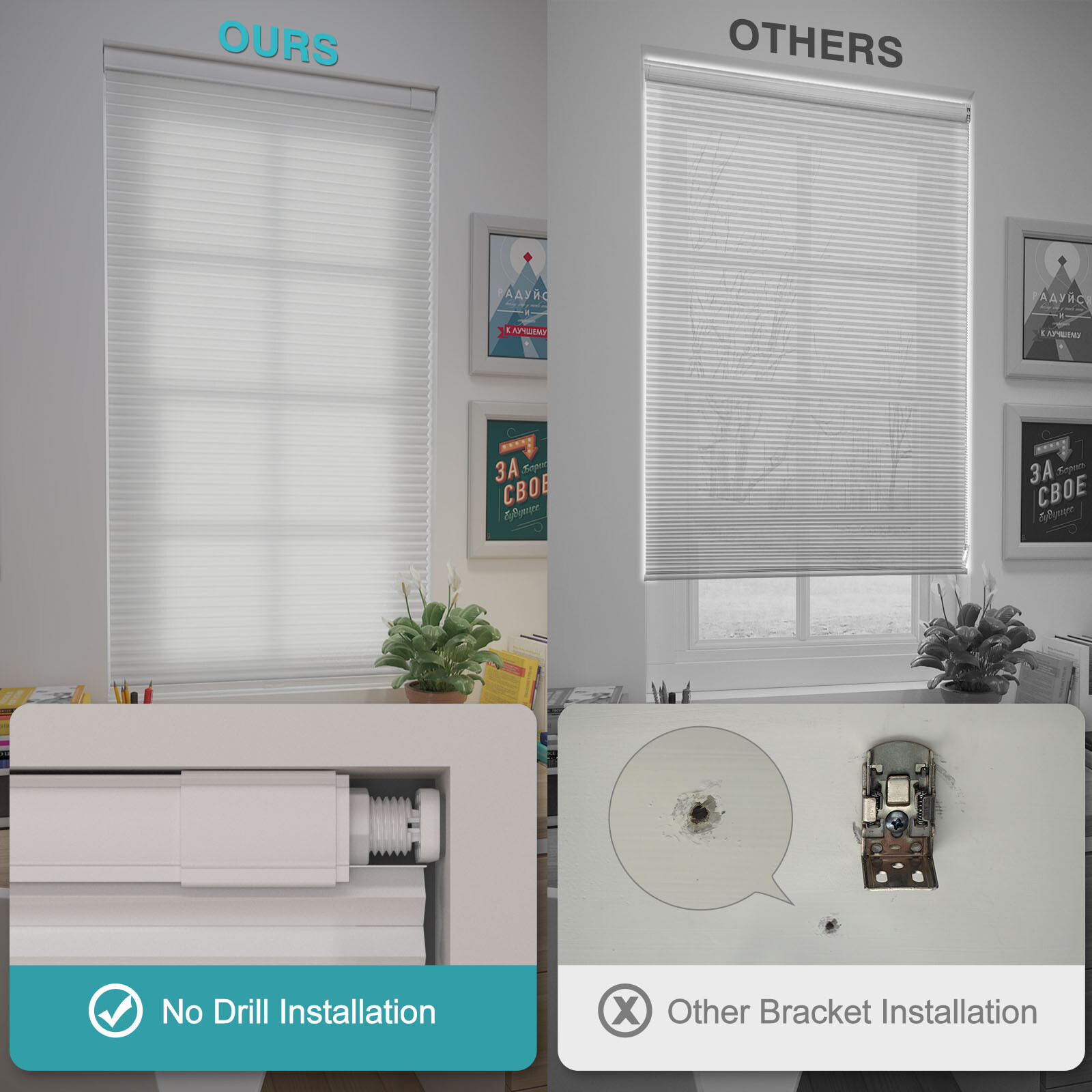 Cordless Light Filtering No Tools No Drill 1.5” Cellular Shades Honeycombs Blind