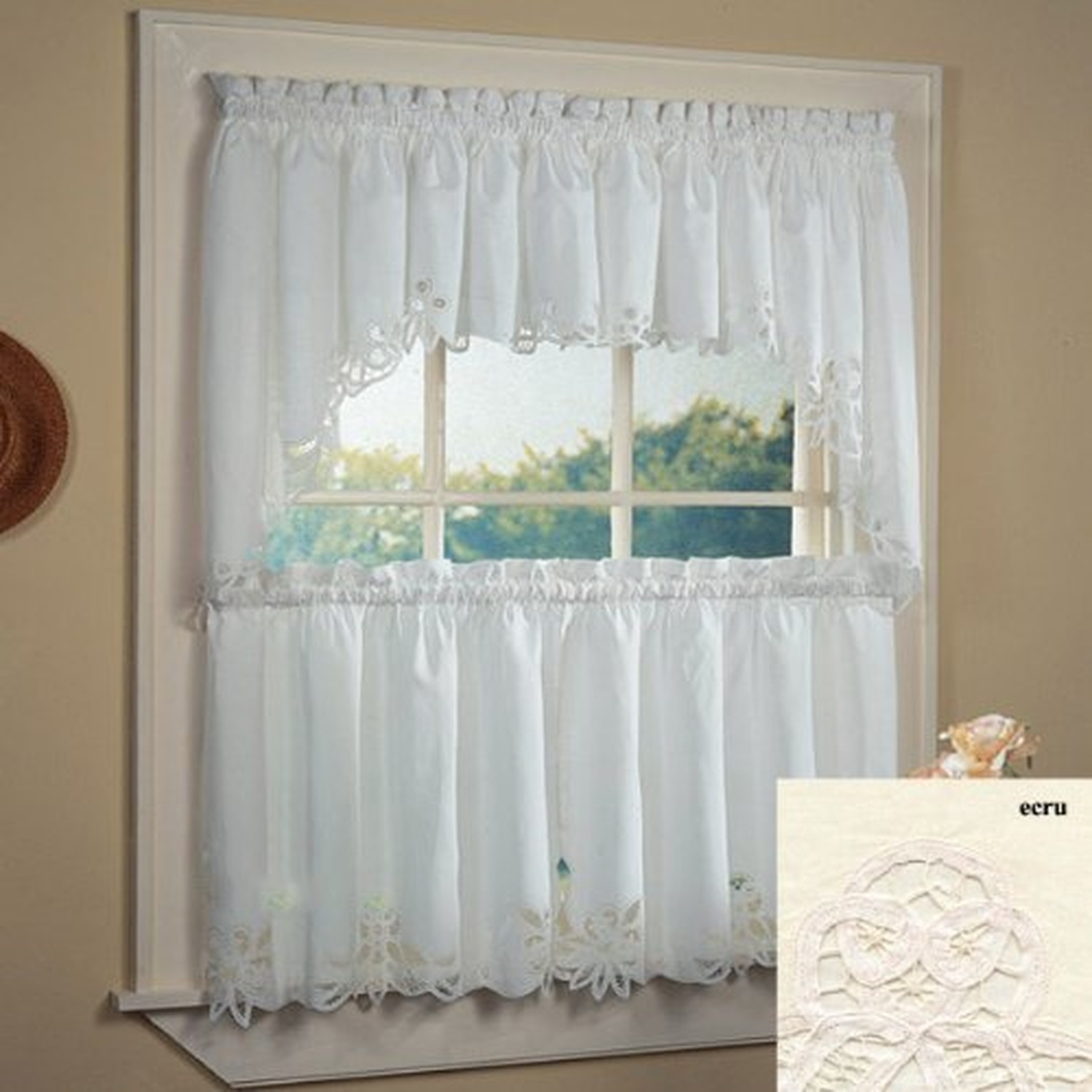 Fancy Collection 3pc Off White/Beige with Embroidered Kitchen/Cafe Curtain Ti…