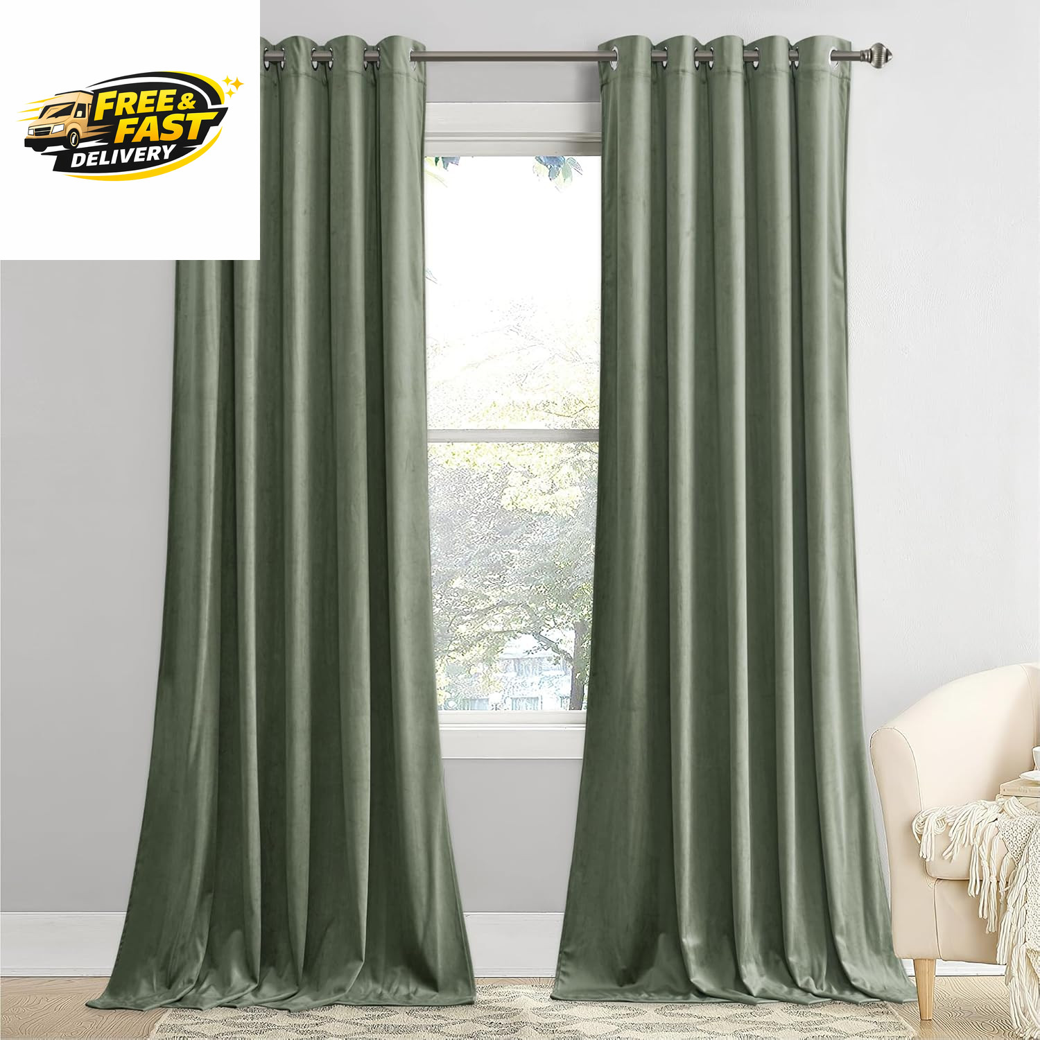 Sage Green Velvet Curtains 96 Inches, Super Soft Room Darkening Window Drapes Se