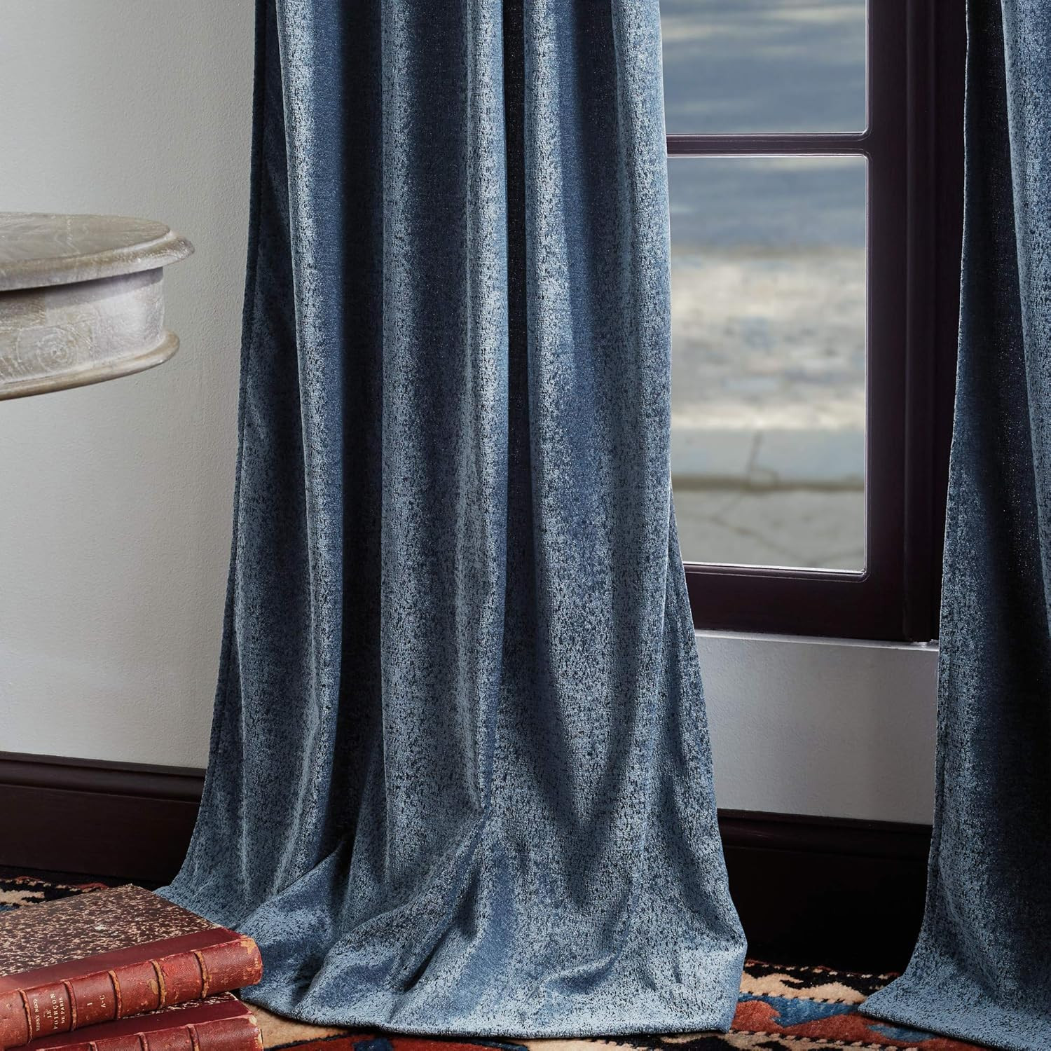 Navy Naples Chenille Back Tab Window Curtain Panel Pair, 84″ Long