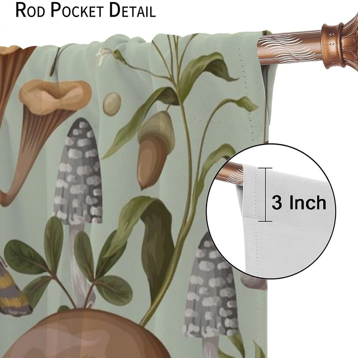 Mushroom Leaf Window Curtains, Nature Green Plant Retro Cartoon Pattern Printed
