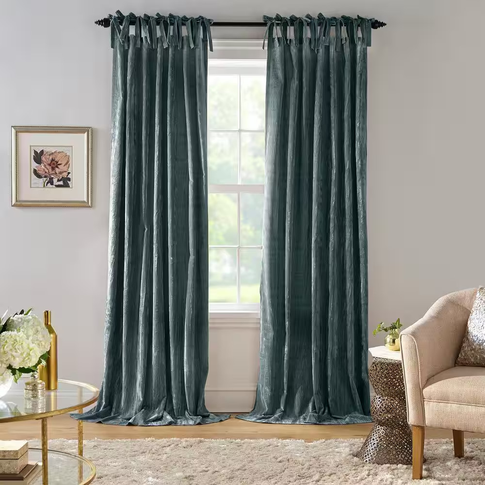 Korena Peacock Crushed Velvet 52(In)X84(In) Tie Top Light Filtering Curtain Pane