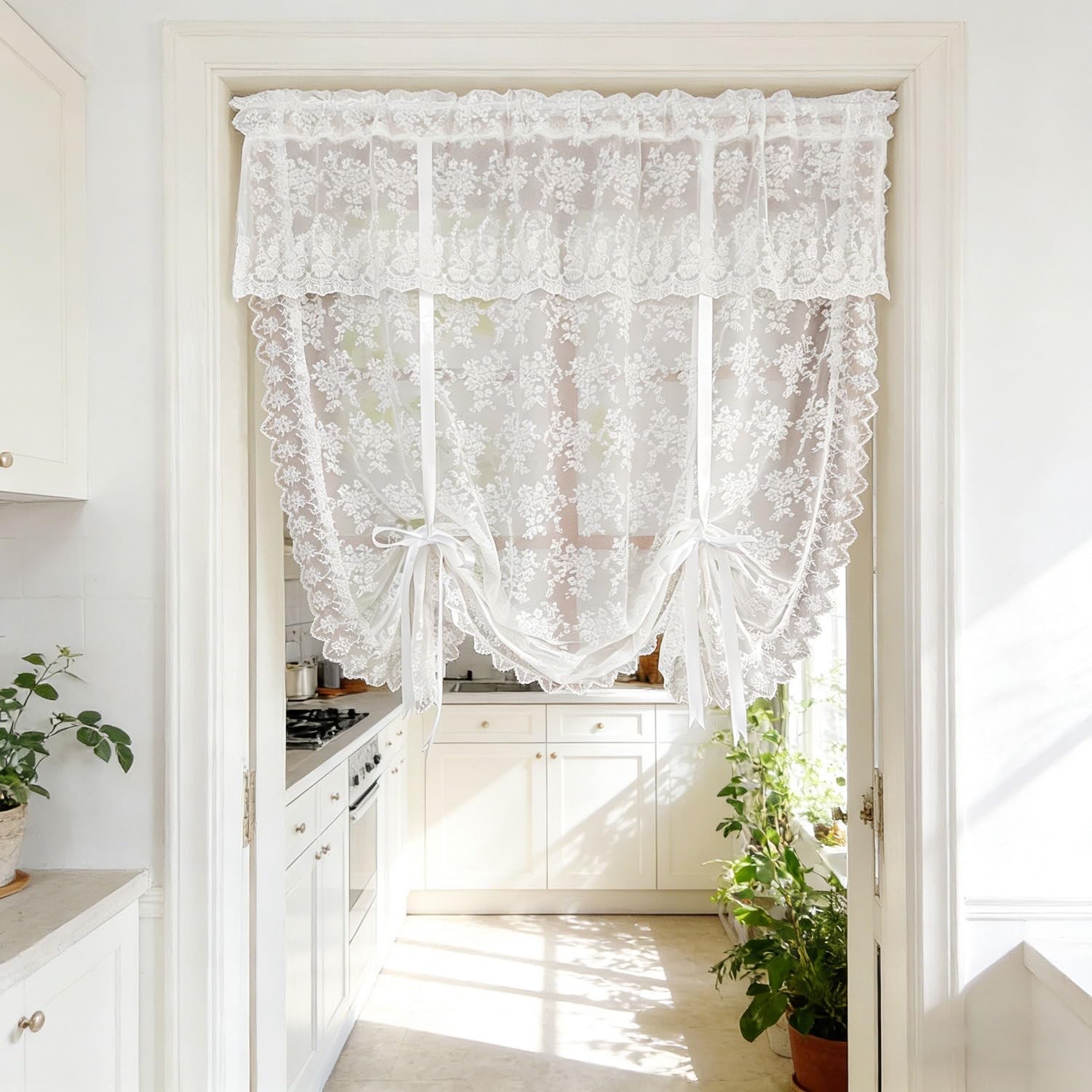 White Floral Lace Tie Up Curtain, Adjustable Lift Balloon Window Shade