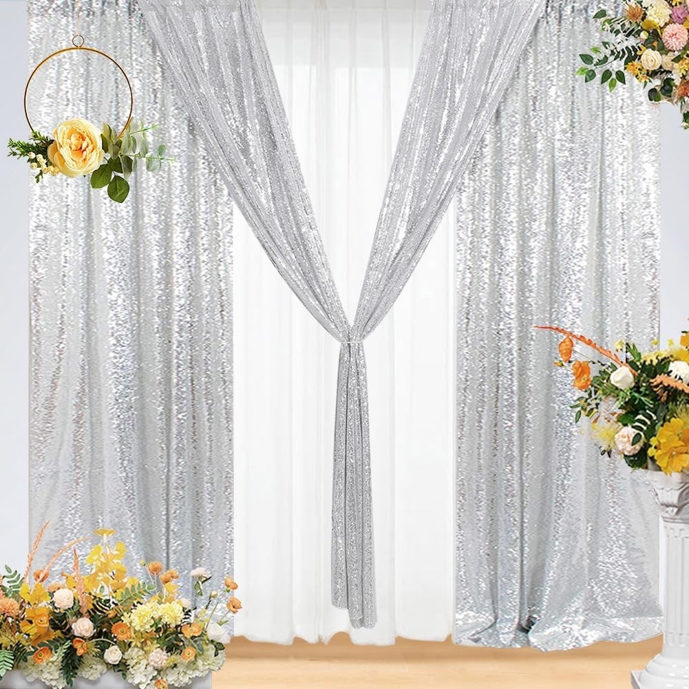 Shiny Sequin Backdrops 2 Panels Silver 2ft x 8ft Party Wedding Photography Decor