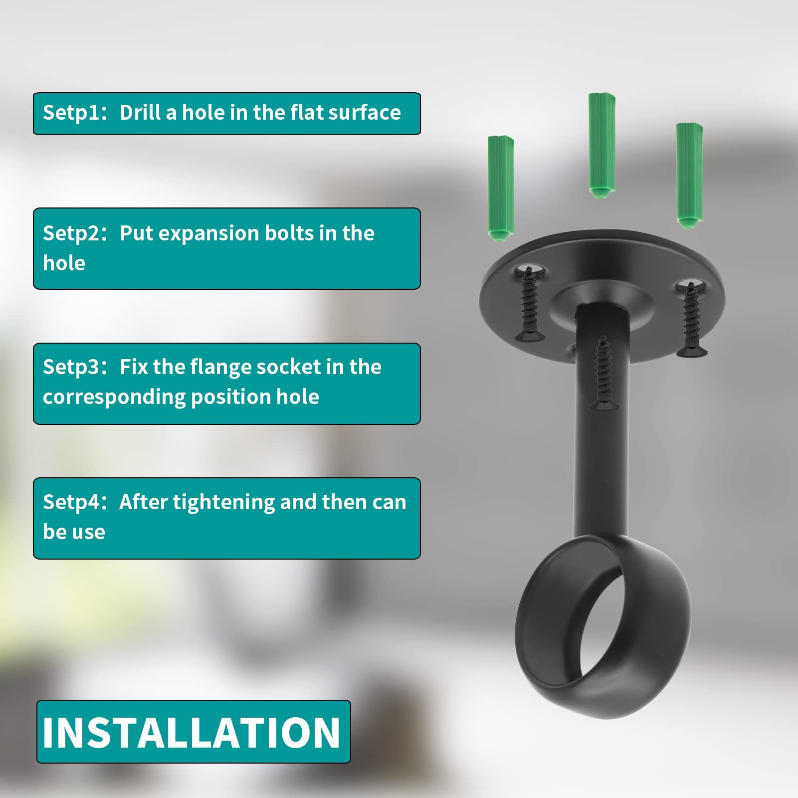 1-1/4 inch Ceiling Mount Curtain Rod Brackets 4 Pack Stainless Steel Black