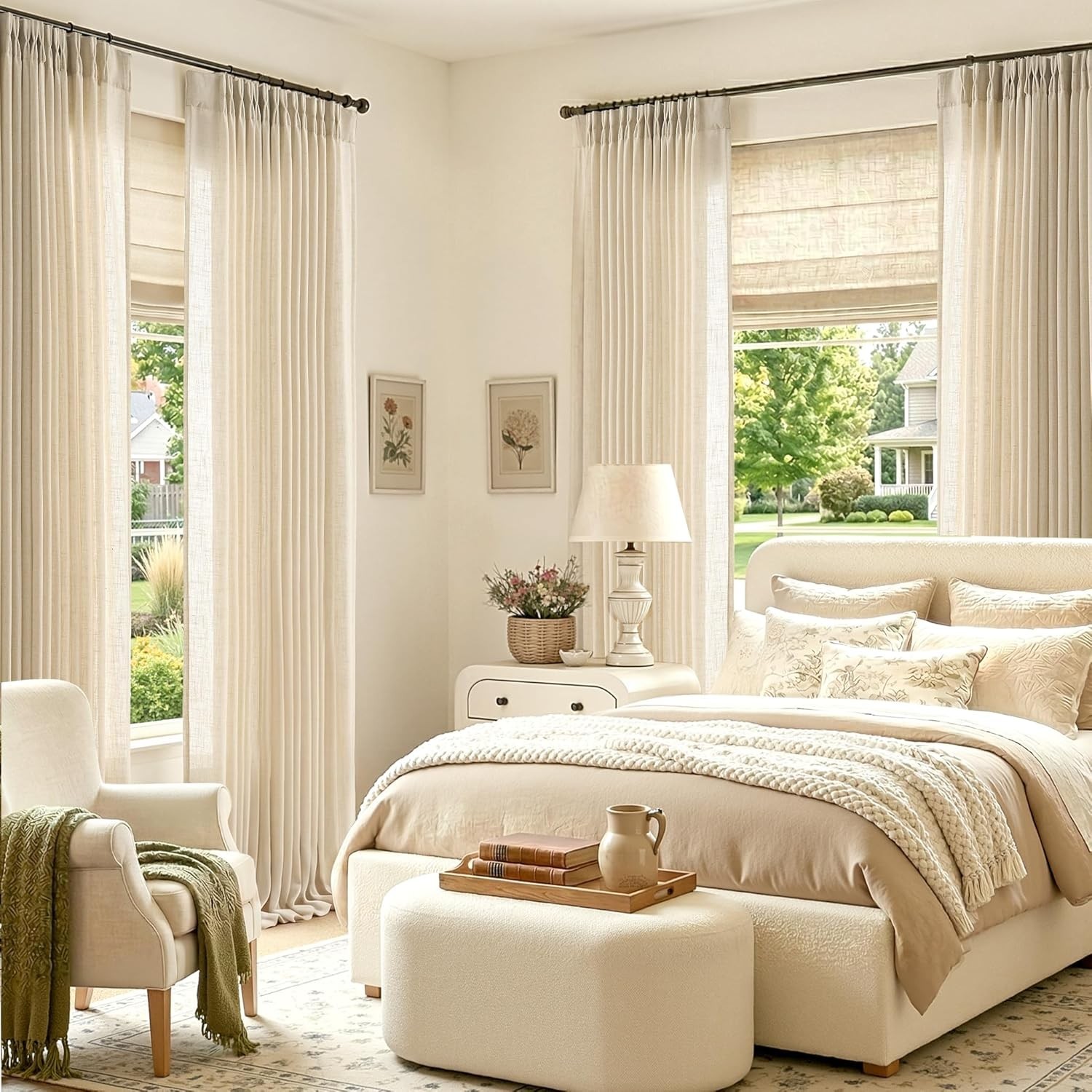 Pinch Pleated Linen Curtains 96 Inches Long for Living Room Light Filtering B…