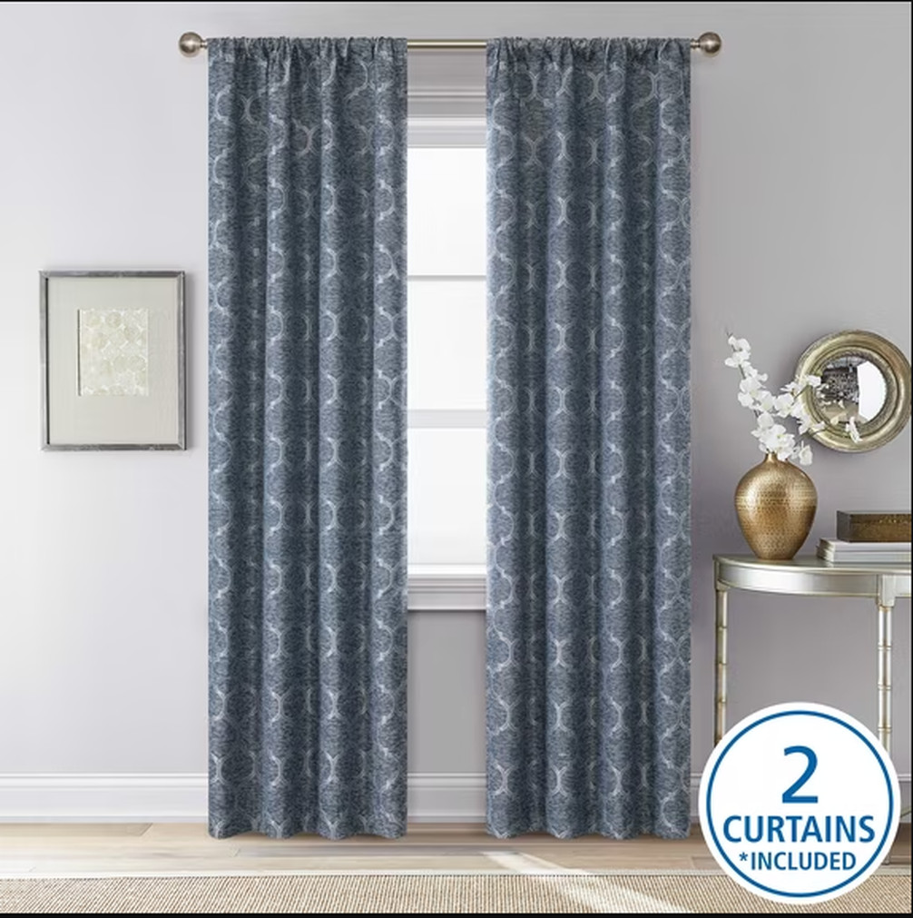 Mainstays Jacquard Blackout Panel Pair, Set of2 Curtains,Blue Ogee,37″W x 84″L