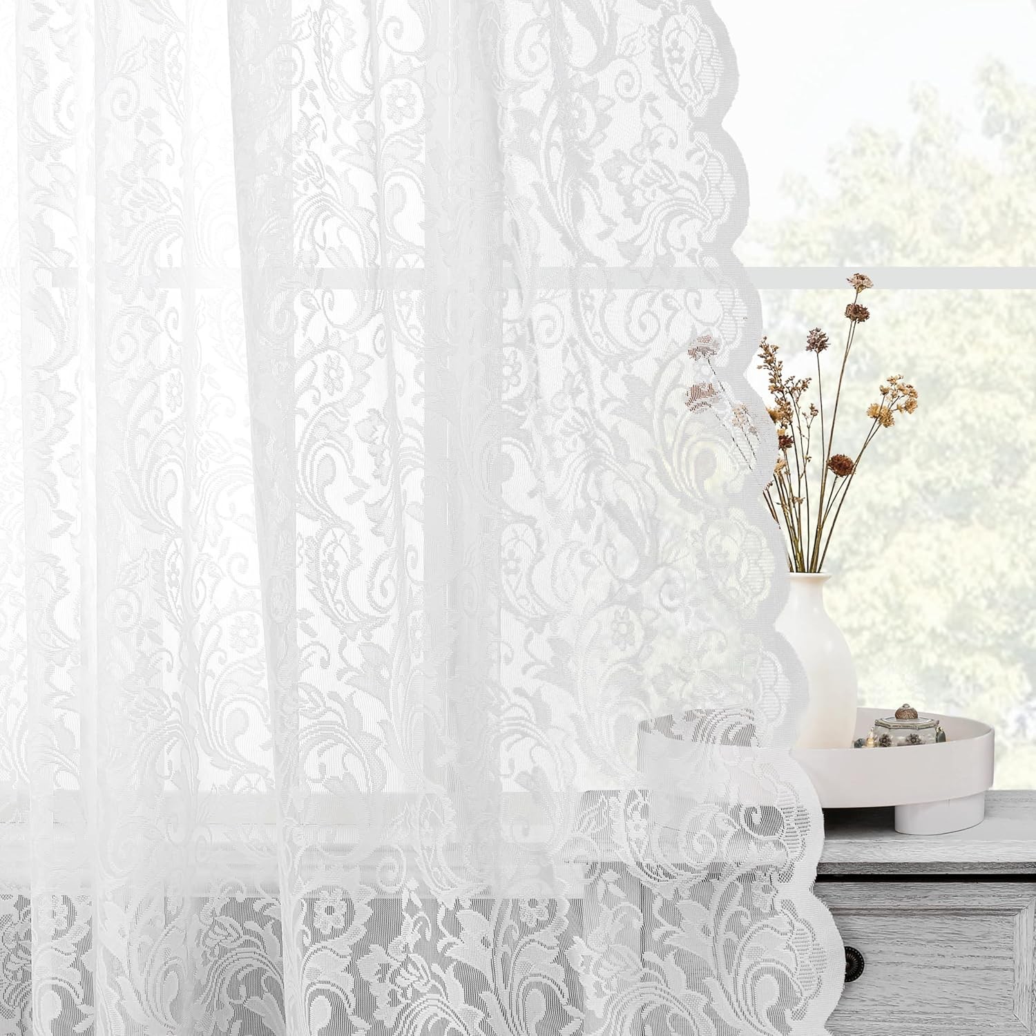 White Lace Sheer Curtains 84 inch Vintage Floral Sheer Window Curtain Panels