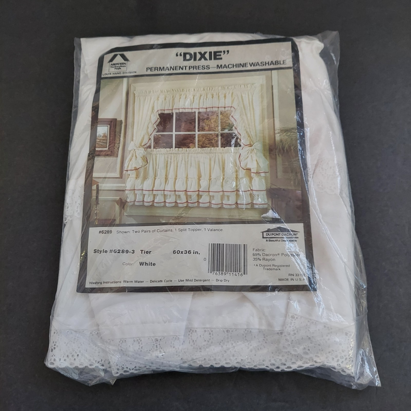 Vtg “Dixie” White Tier Curtain w/ Lace 60″ x 36″ Dacron/Rayon – NIP