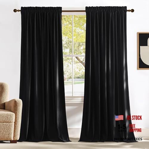 Black Velvet Blackout Curtains 96 52″W x 96″L (Pack of 2) Black Series – Black
