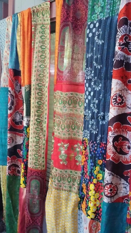 2 Pcs Indian Sari Patchwork Curtain Drape Window Decor Multi Silk Sari Curtain