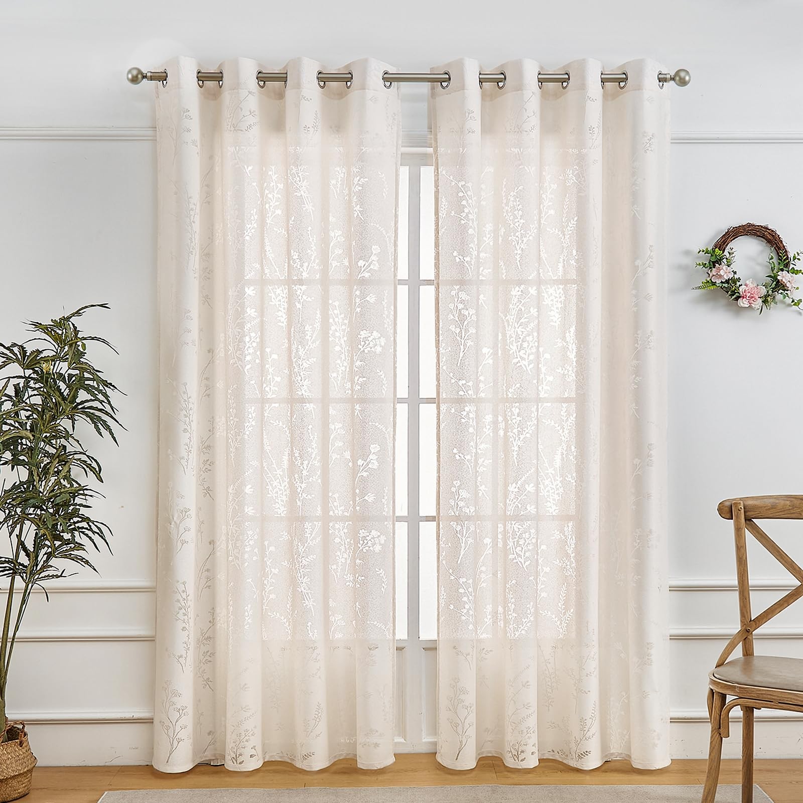 LOHUT Beige Lace Sheer Curtains 96 Inches Long W55 x L96
