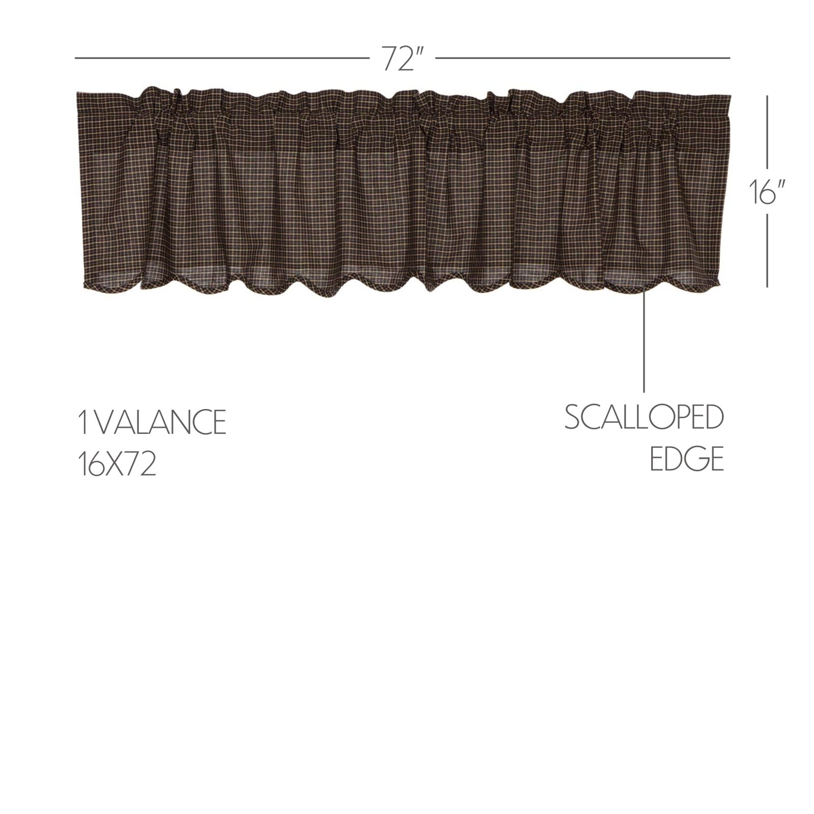 Primitive 16″x72″ Plaid Valance Black Rod Kitchen Window Curtains VHC Brands