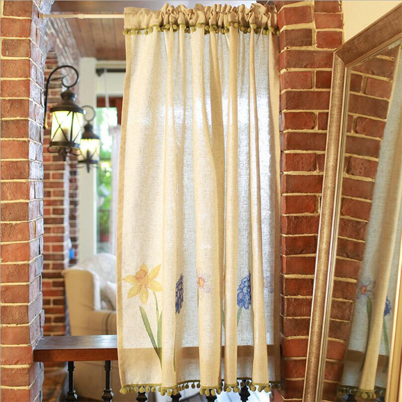 Vintage Floral Print Half Short Curtain Pom Pom Cafe Window Drape Cabinet Door