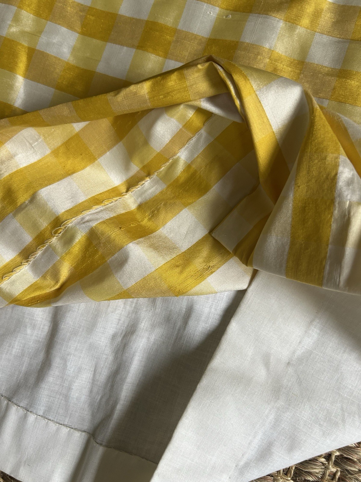 Pair Decorator Custom Made Striped Check Silk Taffeta Tassel Trim Lined
