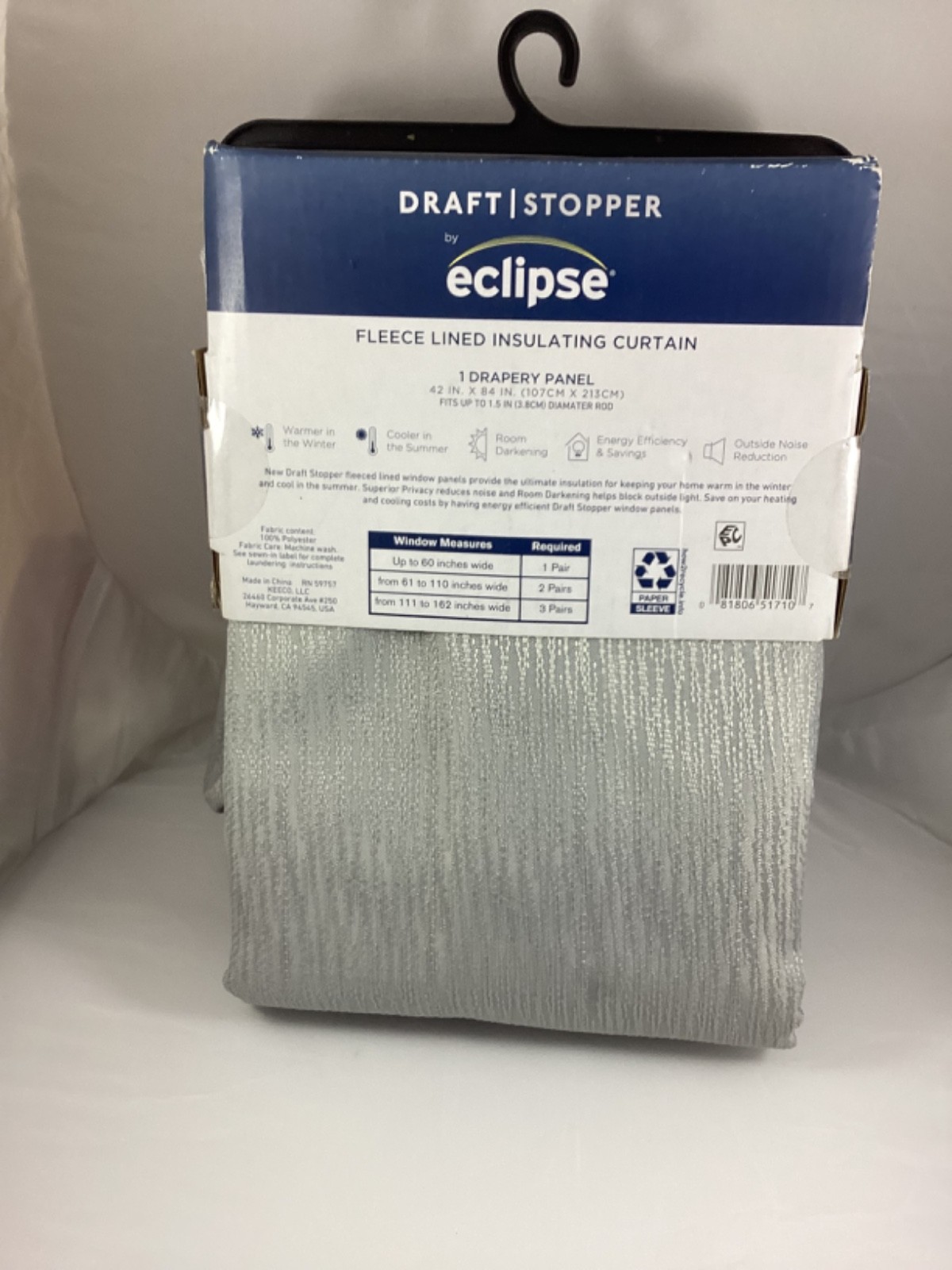 Eclipse Draft Stopper Fleece Lined Insulated Rod Pocket (1) Panel 84X42 Gray