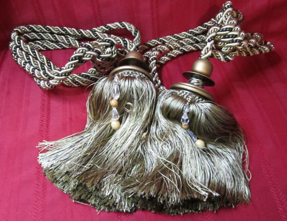 2 Gold/Tan/Black Drapery Braided Rope Curtain Fancy Tiebacks Luxury Tassel Beads