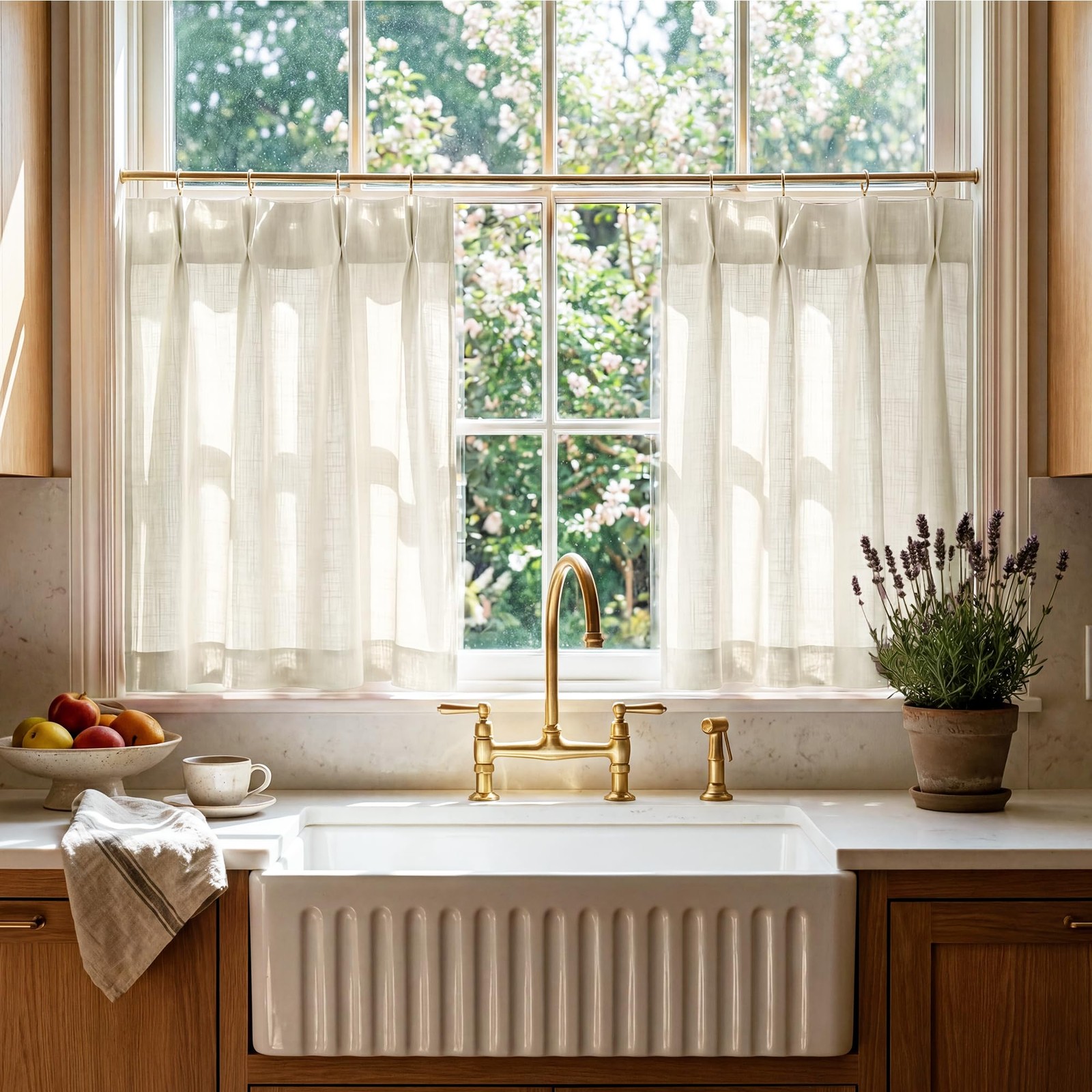 Pinch Pleated Cafe Curtains 24 inch Length, Light Filtering Semi Sheer Privac…