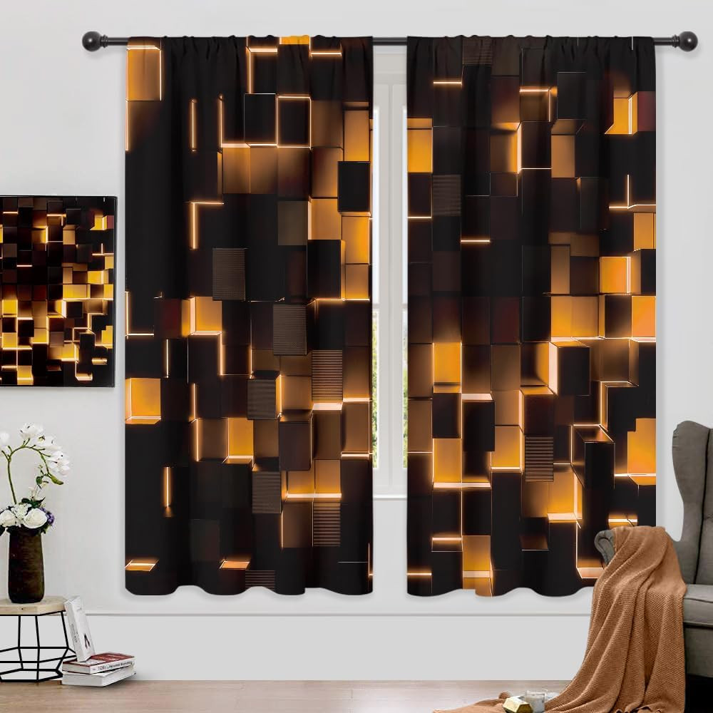 Black Burnt Orange Curtains Abstract 3D Brick Wall Cubes Geometric Cool Rod Poc