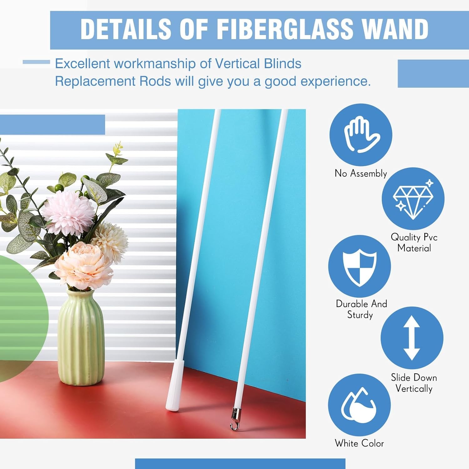 4 Pcs Blinds Wand Replacement with Hook and Handle White Fiberglass