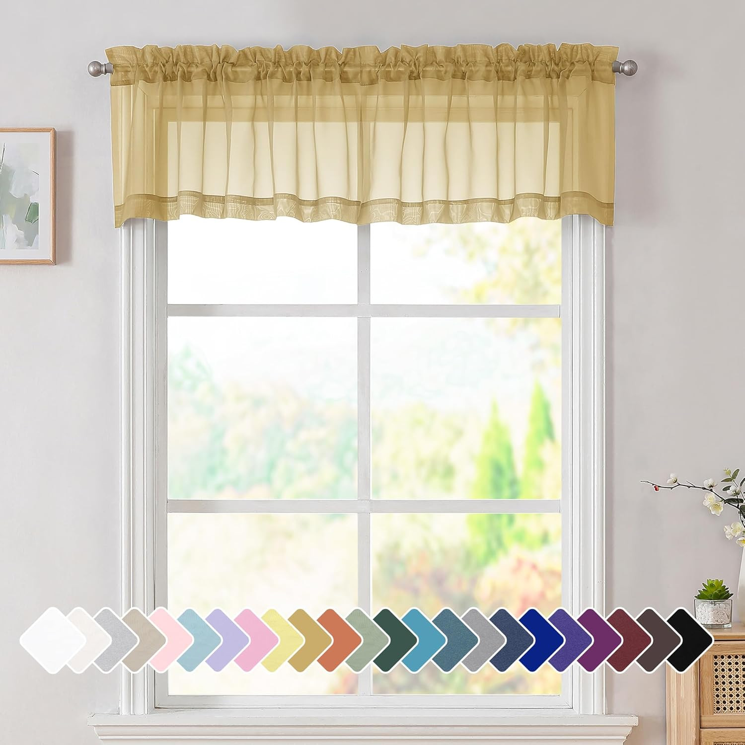 Gold Sheer Valances 14 Inches Long for Living Room Pocket 2 Panel Light Filterin