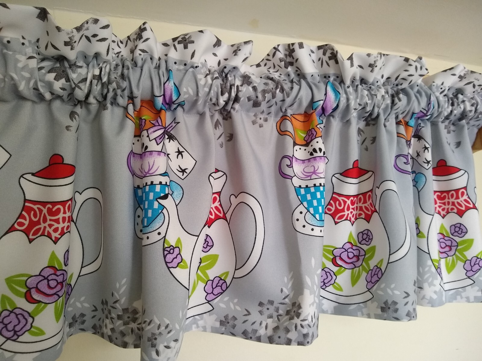 Teapot Kitchen Valance 12″ & 14″ Teacup Prints Teatime Lined Kitchen Valance