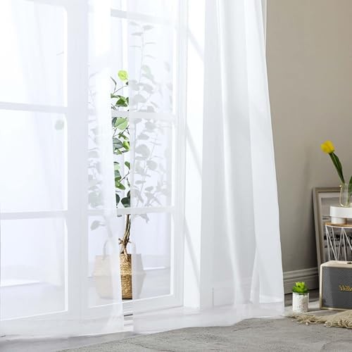 Sheer Curtains 63 Inch Length 2 Panels Set for 42″W x 63″L (Pack of 2) White