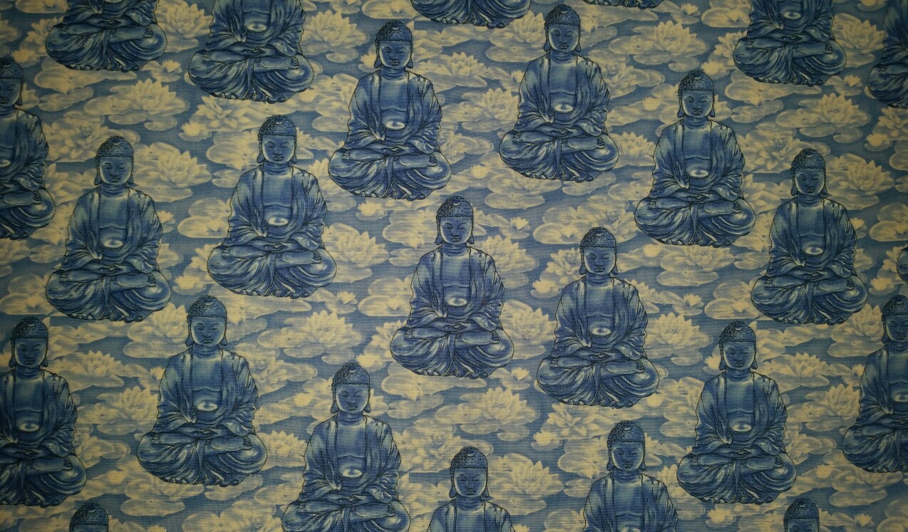 LINED WINDOW VALANCE 42X12 BLUE HINDU SITTING BUDDHA BUDDHIST STATUE LOTUS POND