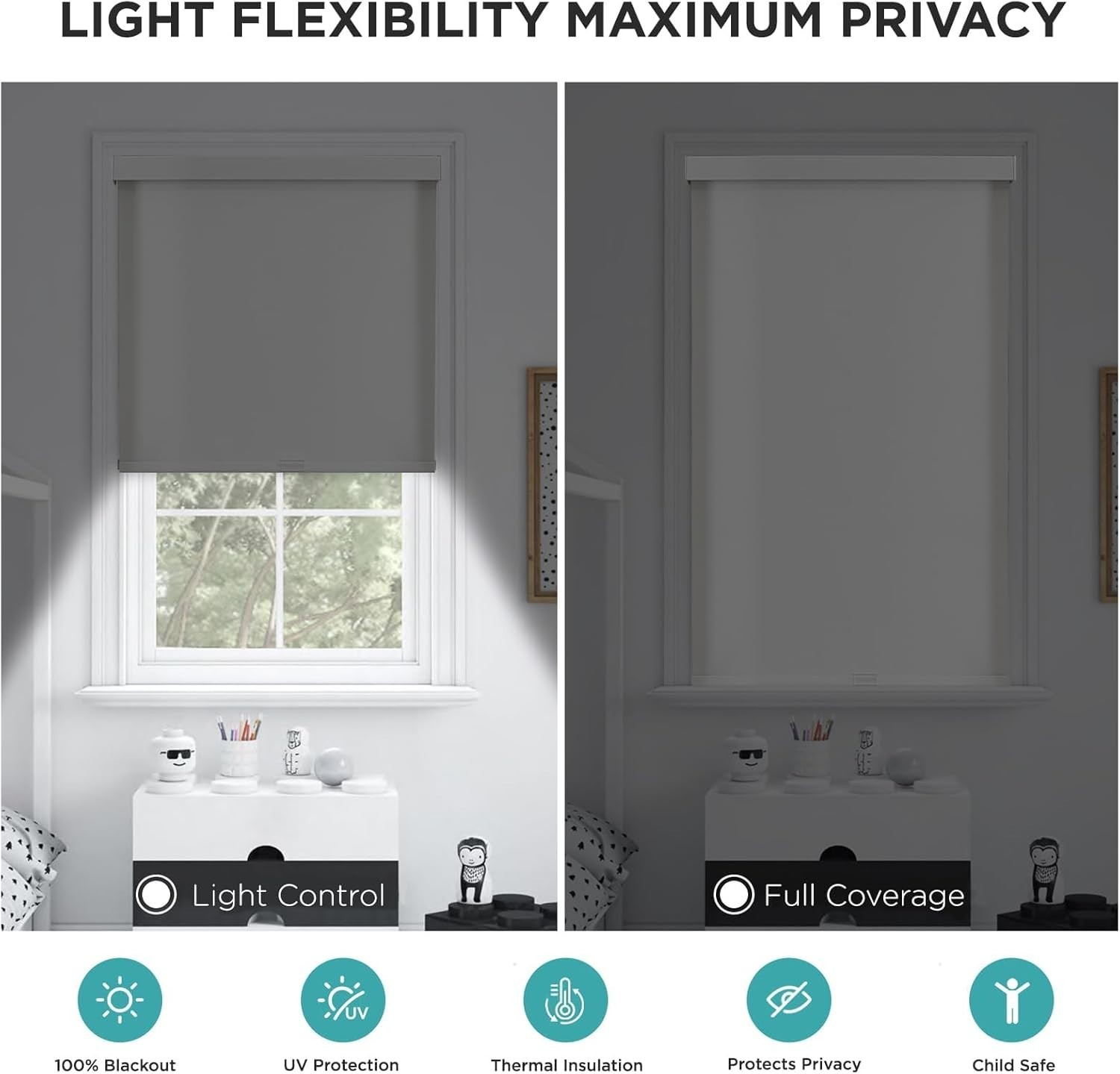 100% Blackout Roller Shades (Pro), Free-Stop Cordless Blinds 45″ W x 75″ H