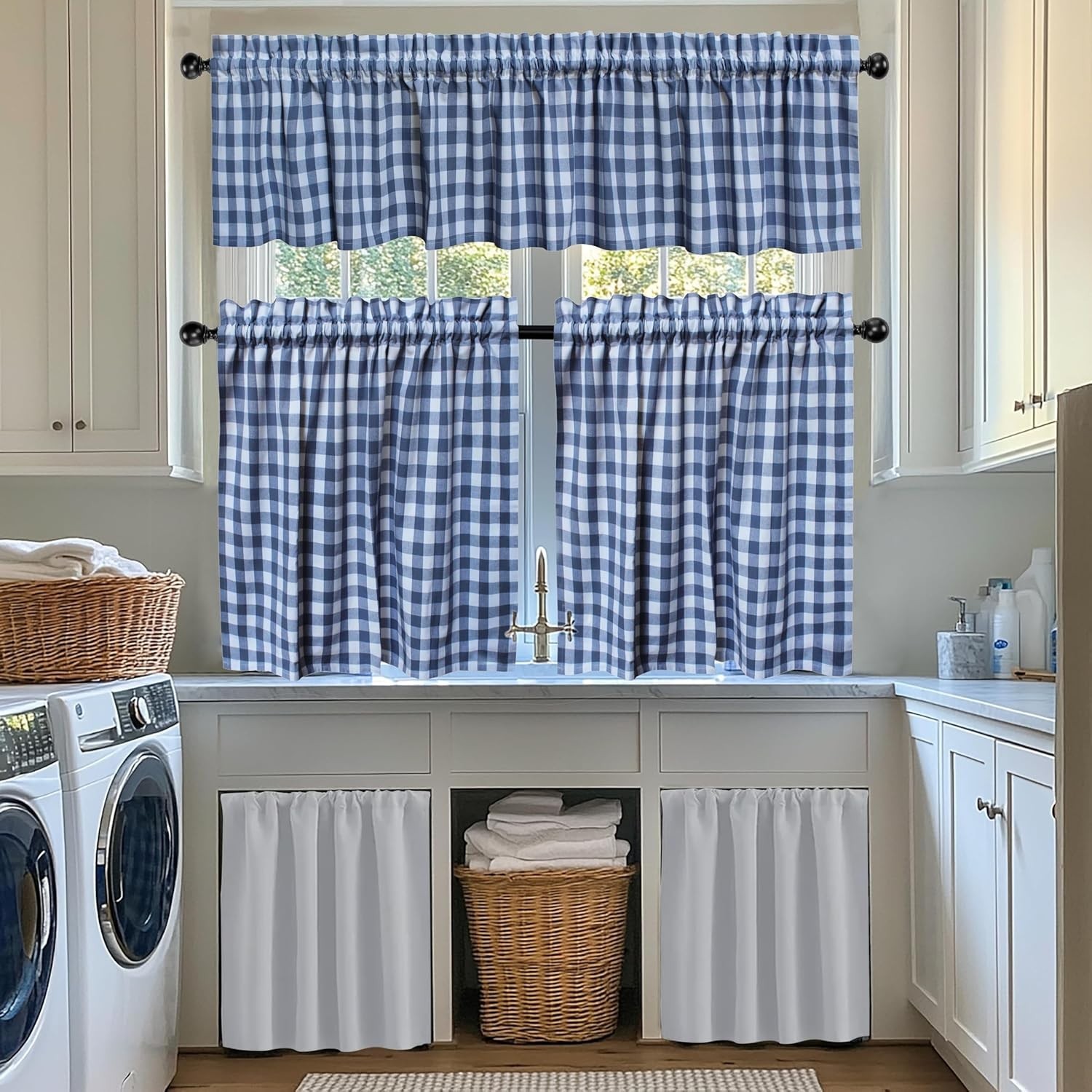 COTTON CRAFT Café Curtains – Tier Window Treatment Curtains – Blue and White …