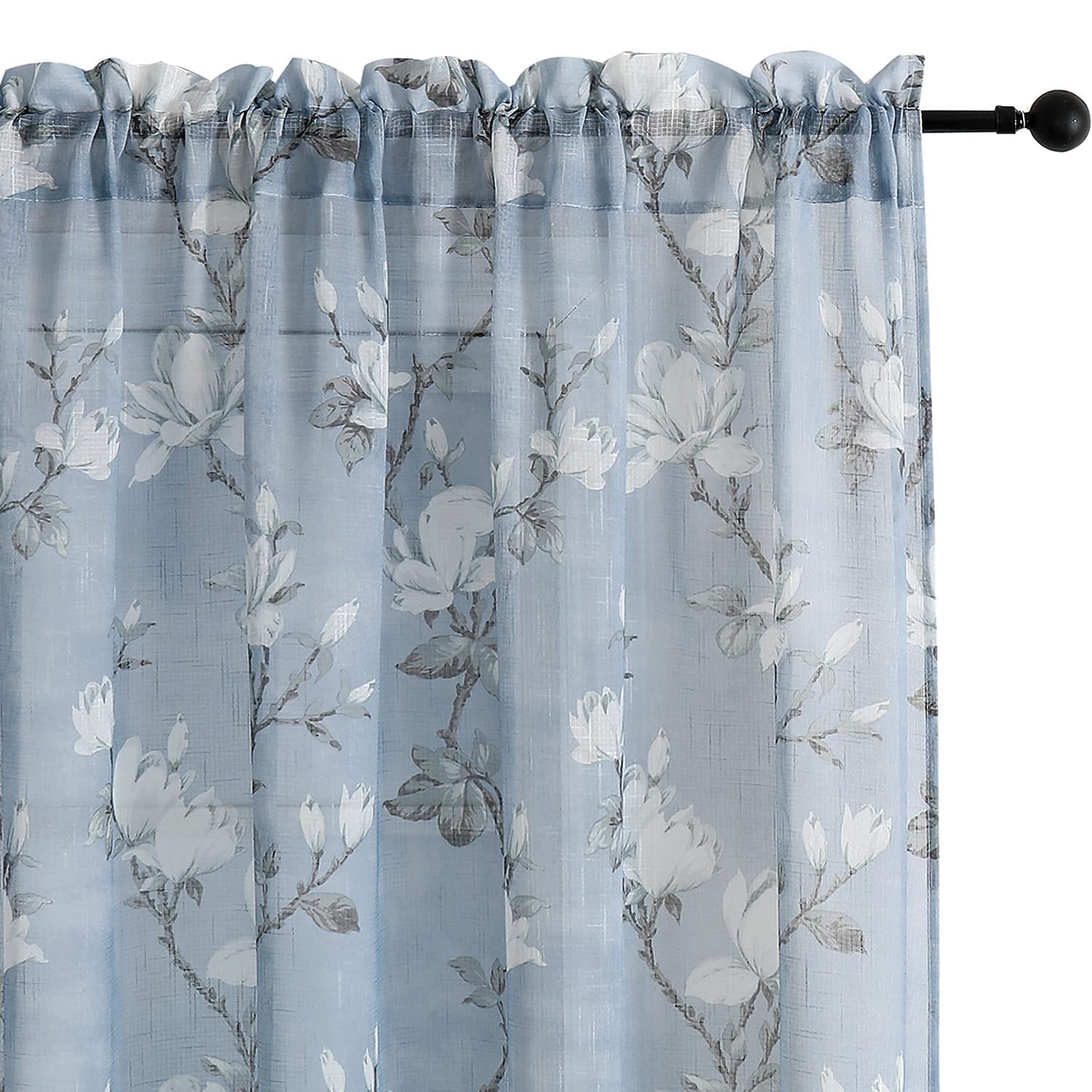 Blue Floral Semi Sheer Curtains 63 Inch 2 Panels