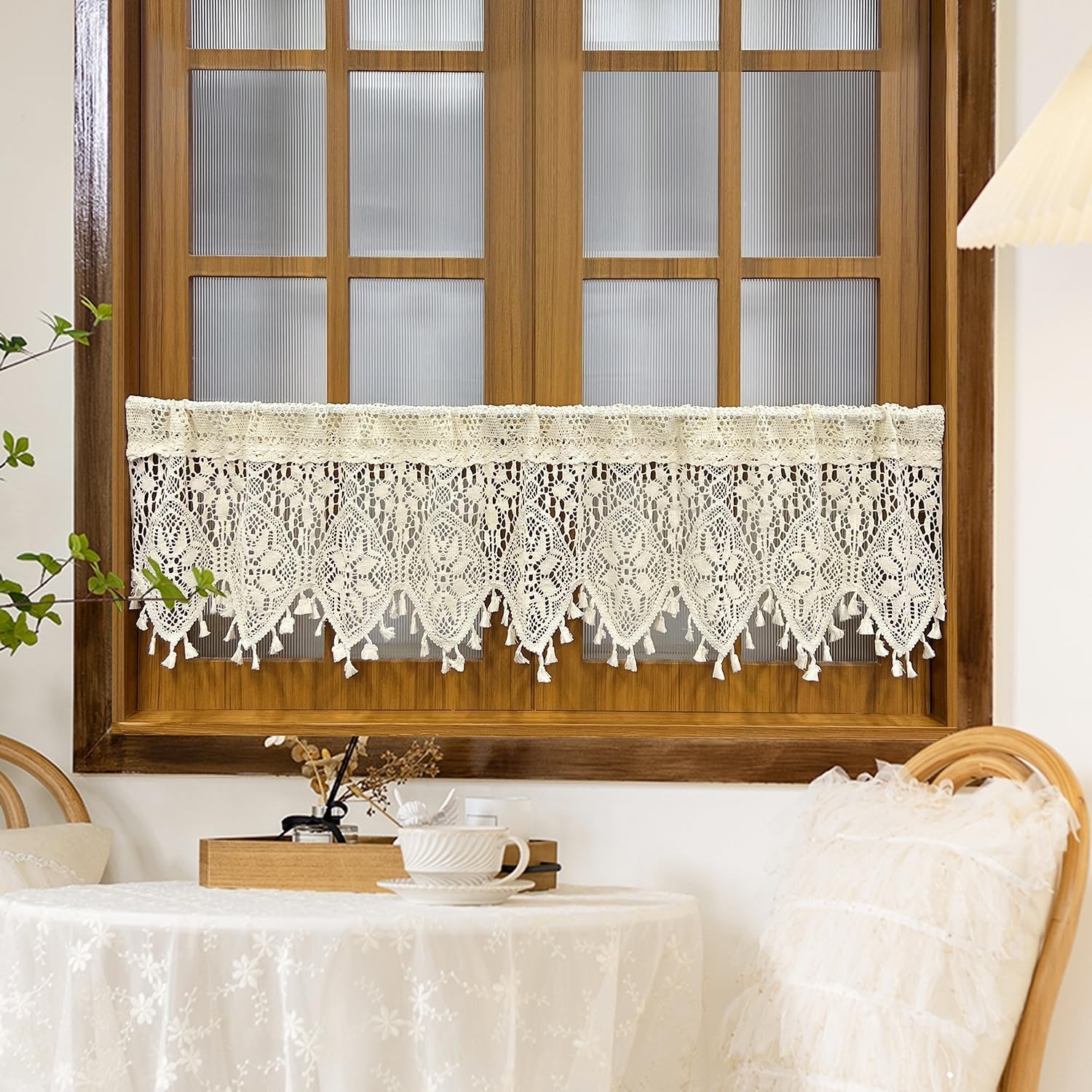 Boho Crochet Lace Sheer Curtain Valance for Kitchen Windows Vintage Macrame V…