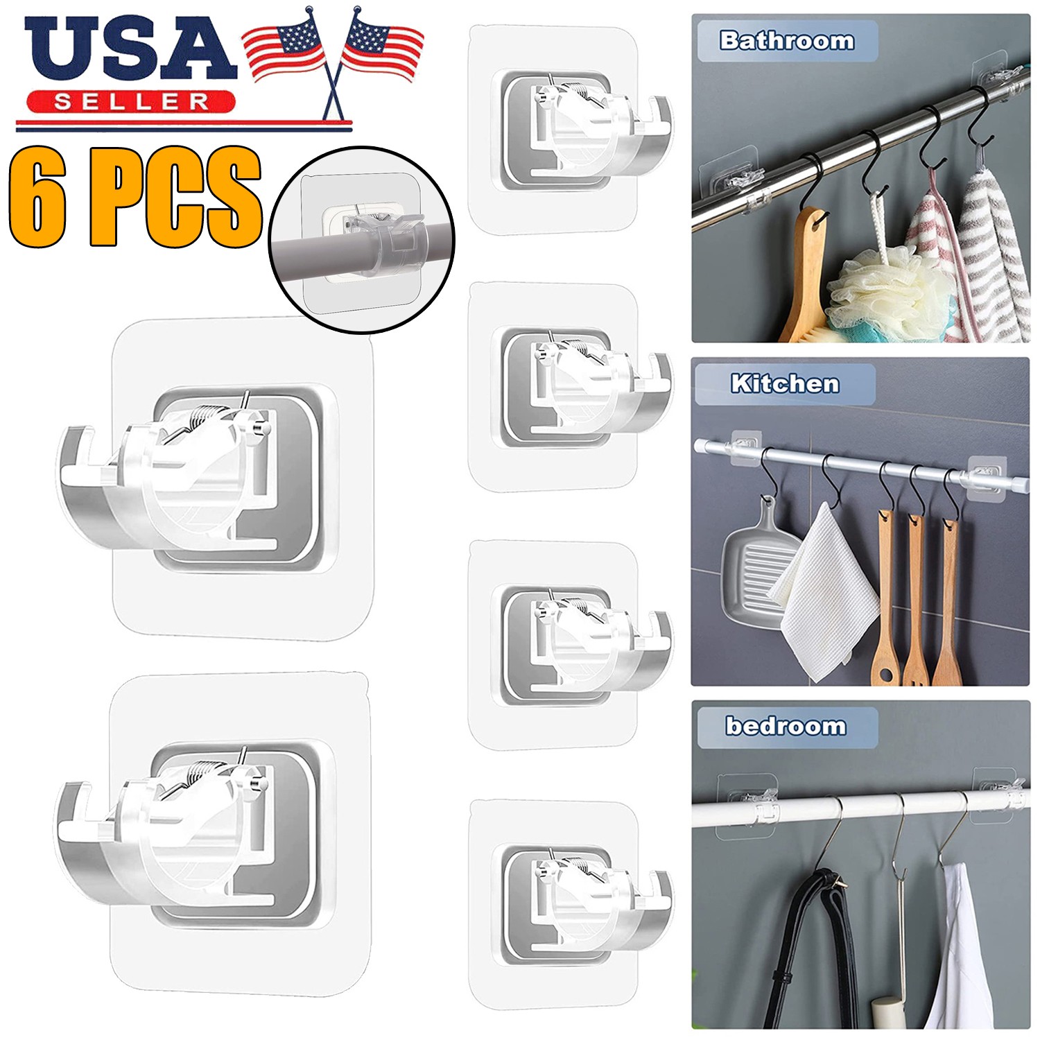 6x Nail Free Curtain Rod Brackets Self Adhesive Bathroom Kitchen Holder Hook USA