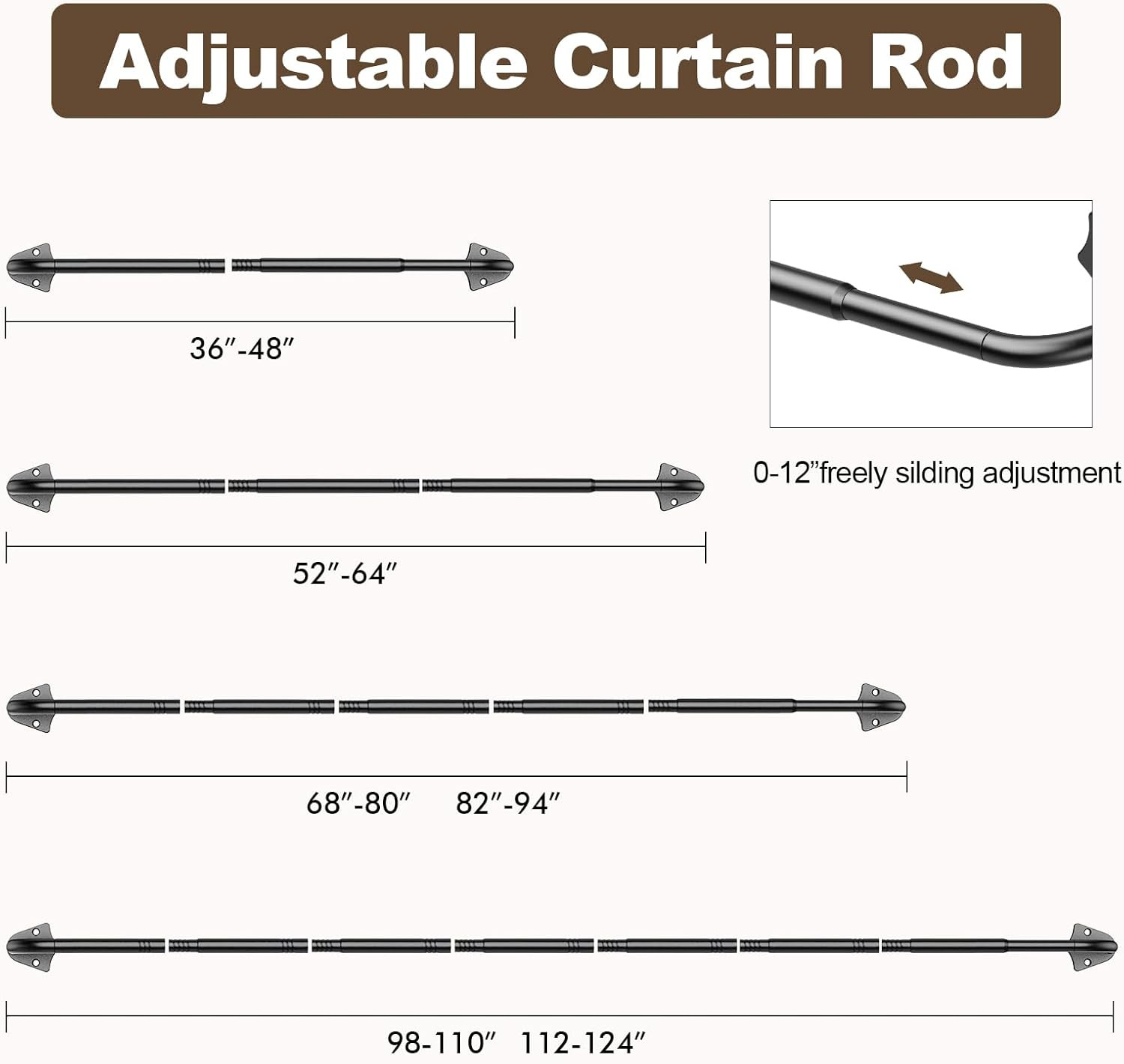 Blackout Curtain Rods for Windows 36″-48″, 5/8 inch Small Matte Black Wrap Aroun