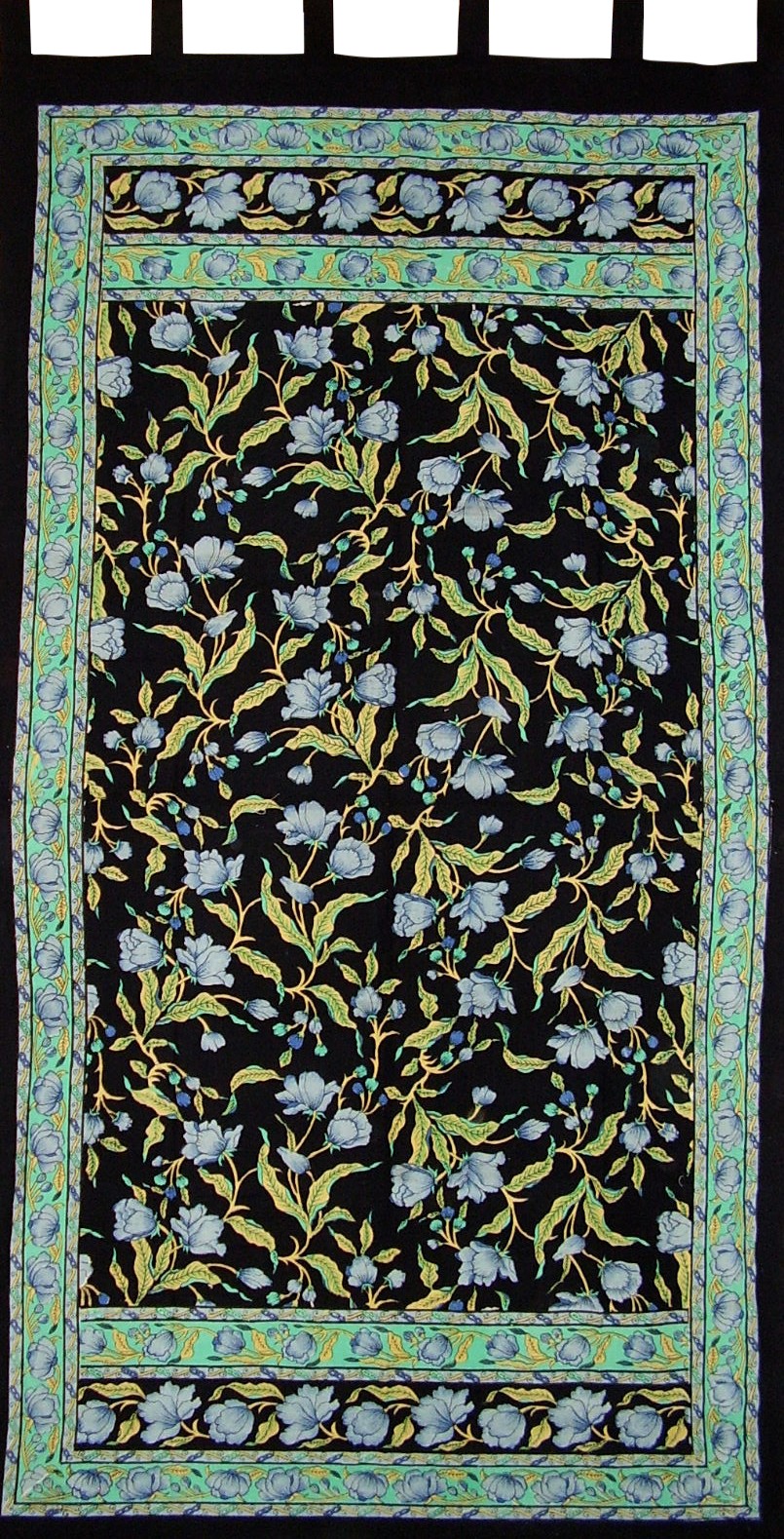 French Floral Tab Top Curtain Drape Panel Cotton 44″ x 88″ Blue Black