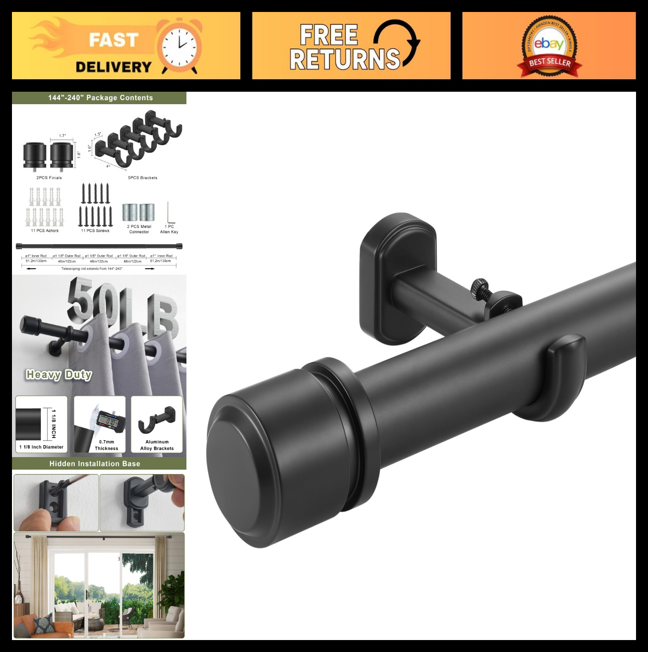 Heavy Duty 1 1/8″ Curtain Rods 12-20ft Telescoping Drapery Rods, Matte Black, Ad