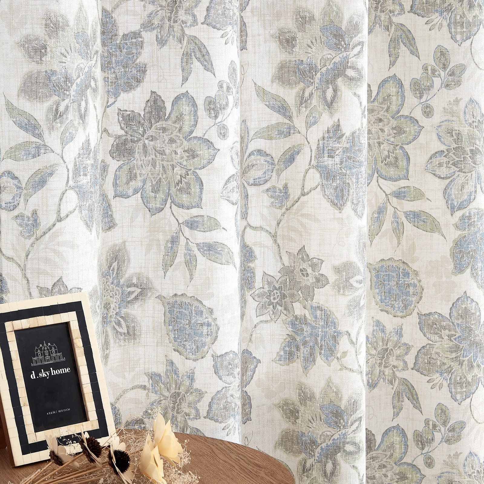 Floral Botanical Light Filtering Curtain Panel with Green and Blue Leaf for R…