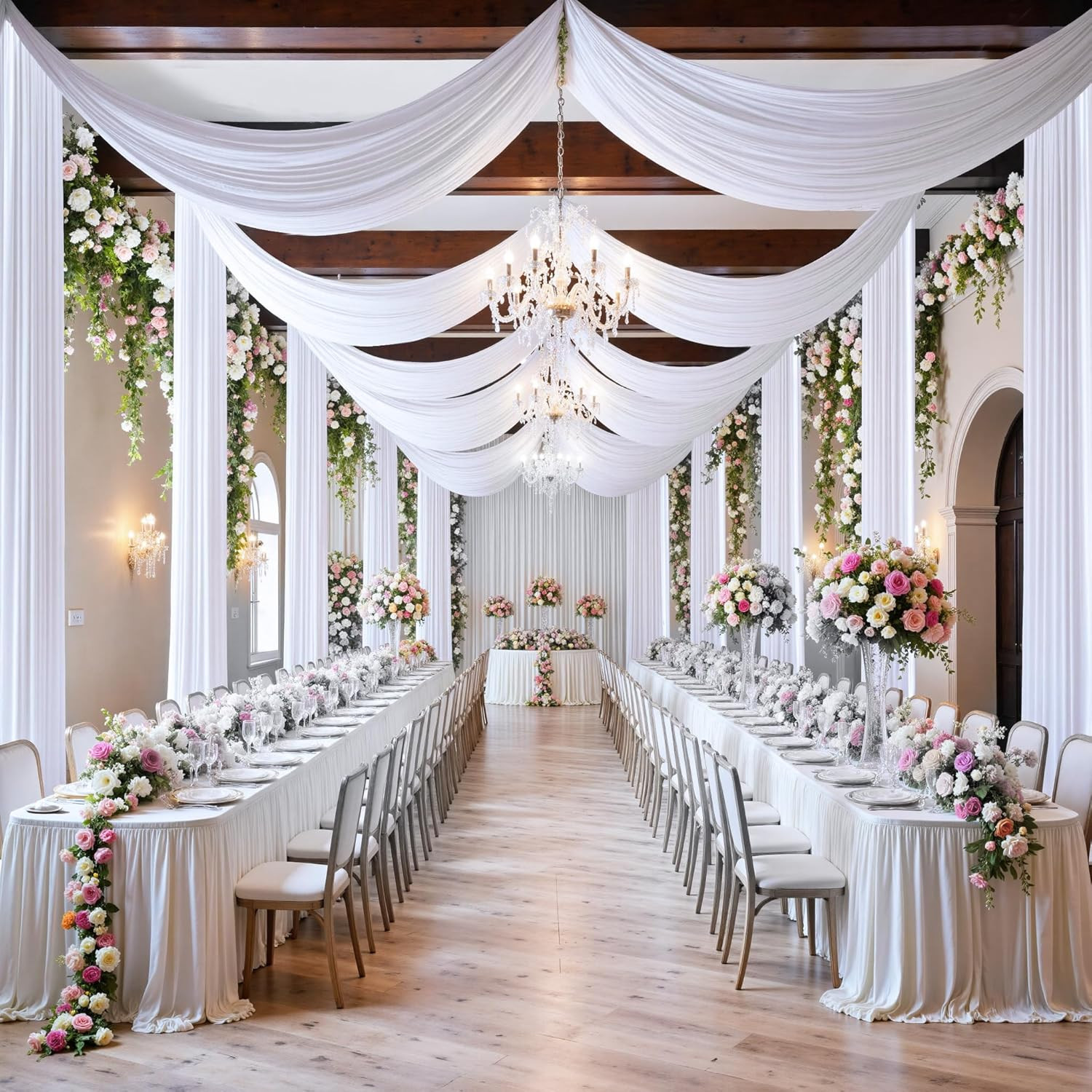 20×20 Ft White Ceiling Drapes – Wrinkle-Free Polyester for Events & Parties