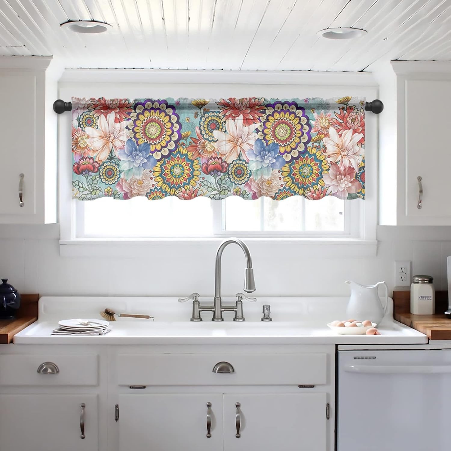 Boho Flowers Valance Curtains for Kitchen/Living Room/Bathroom/Bedroom Window, C