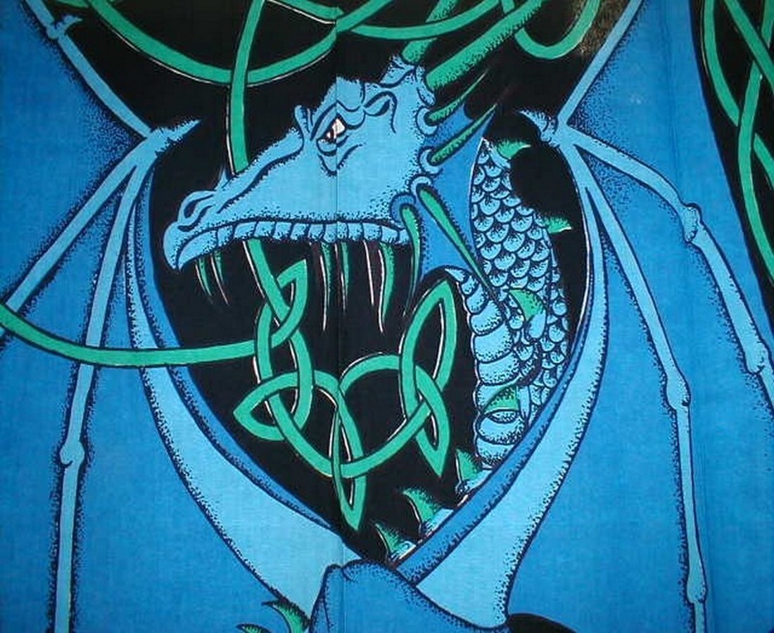 Celtic Dragon Tab Top Curtain Drape Panel Cotton 44″ x 88″ Blue