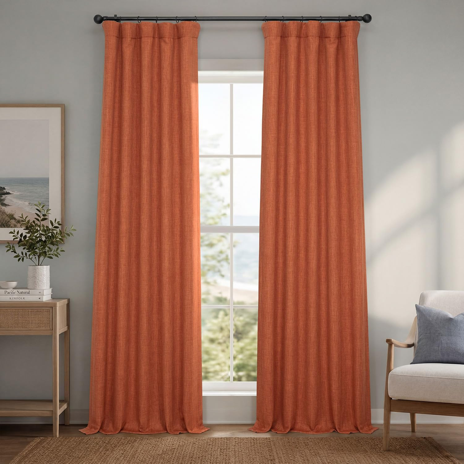 – Faux Linen Curtains for Living Room (1 Panel) – 50W X 96L – Textured Room Dark