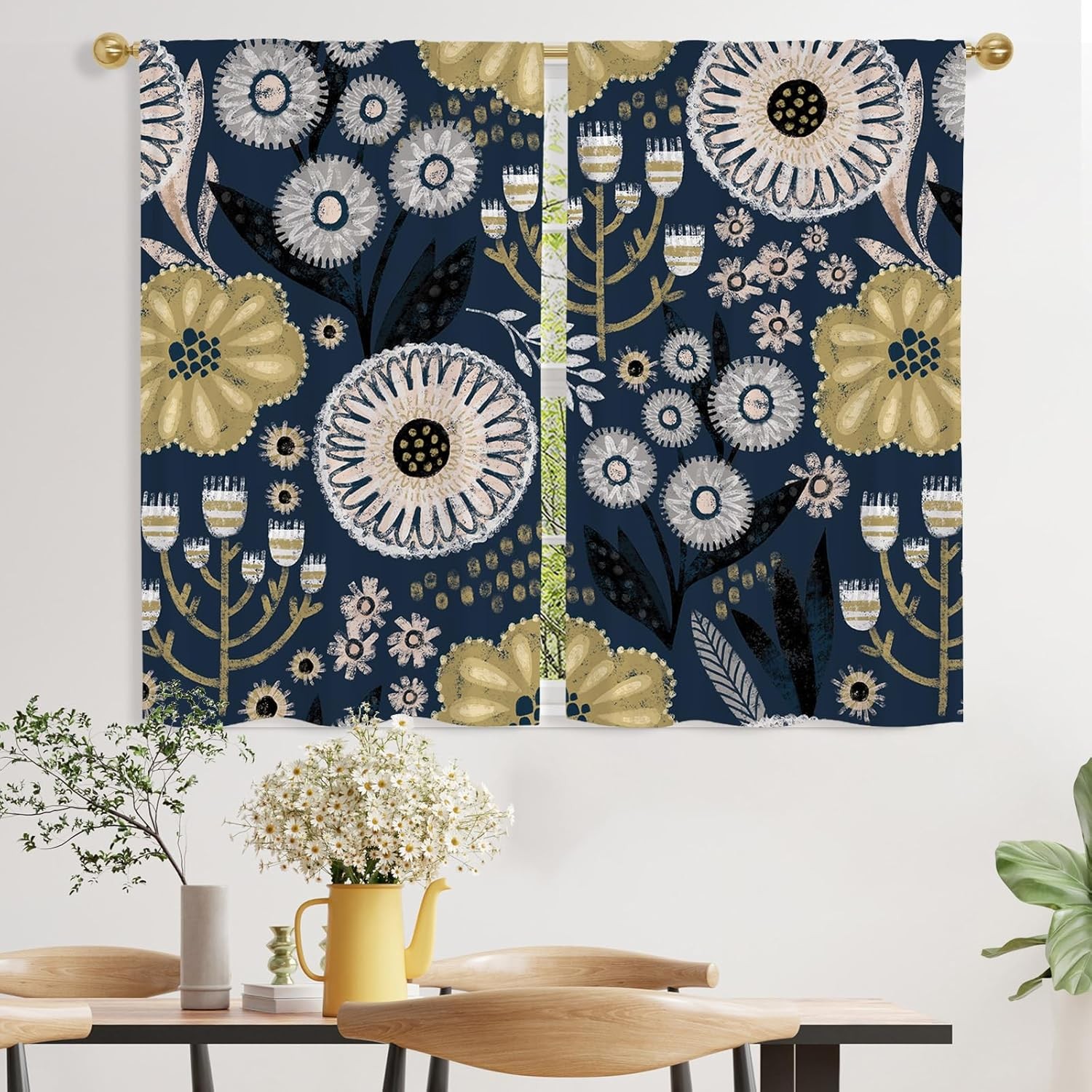 Boho Floral Kitchen Curtains 39 Inch Length for Small Window Treatments, Blue