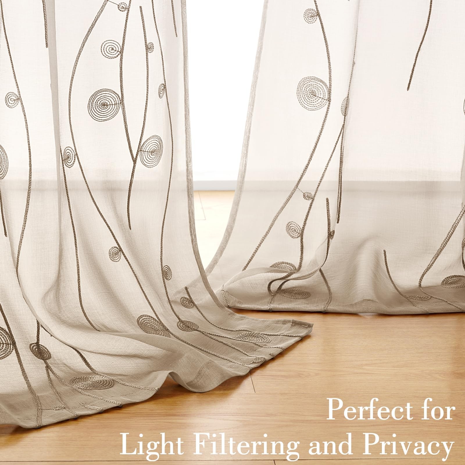 Taupe Sheer Curtains 52 X 96 Inches Length 2 Panels Beige Embroidered Wave Li…