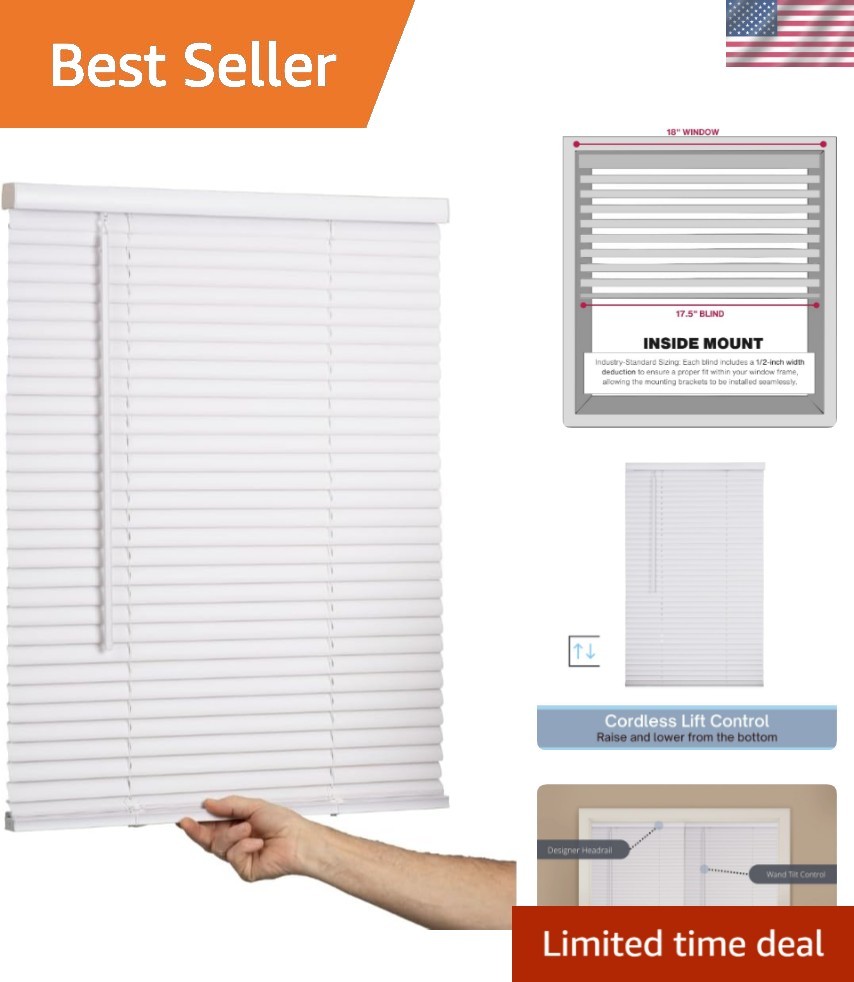 Cordless Mini Blind, 1″ Vinyl Slats, 18″ Wide x 36″ Long – White, Window Blin…