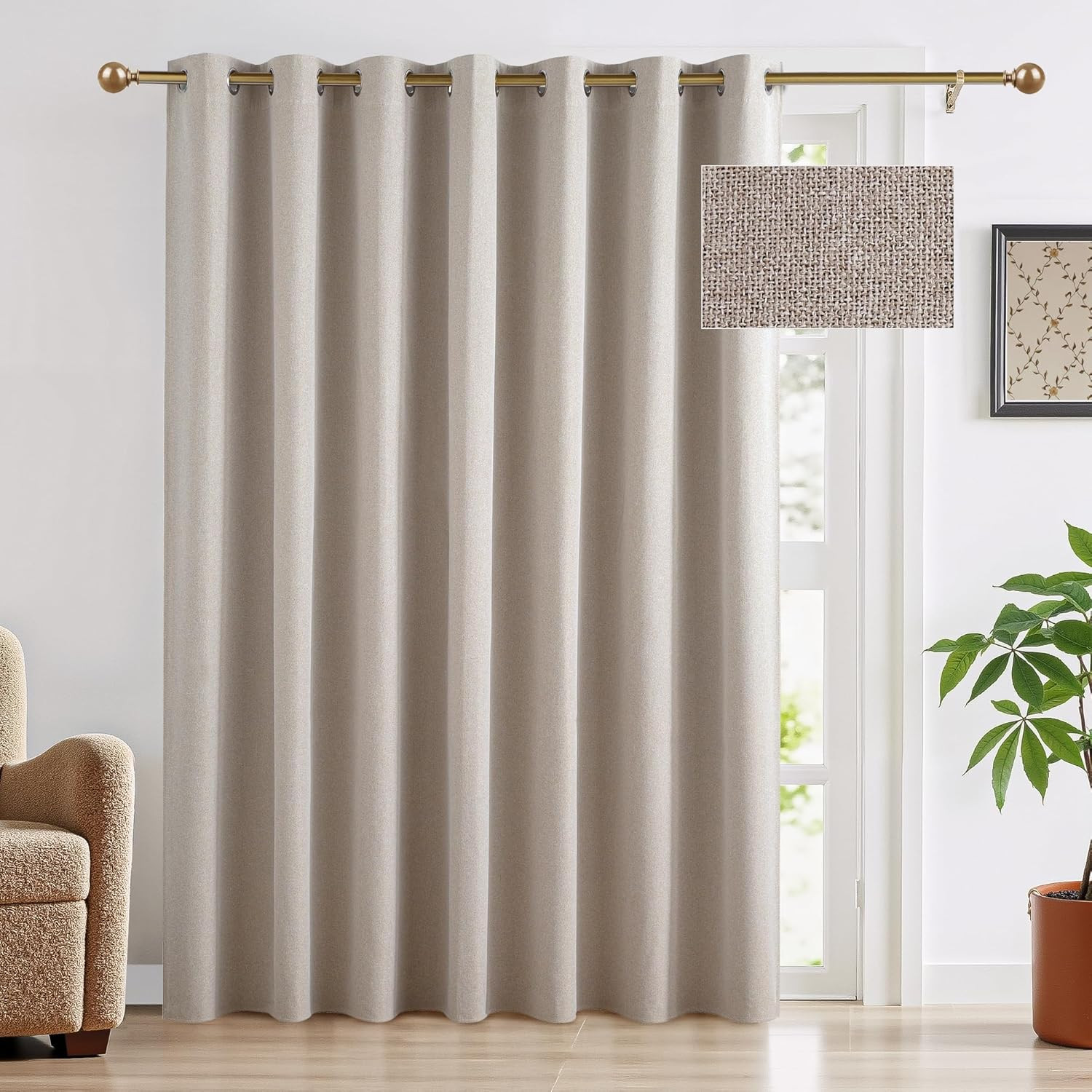 100% Blackout Linen Curtain for Sliding Glass Doors, Extra Wide Thermal Insulate